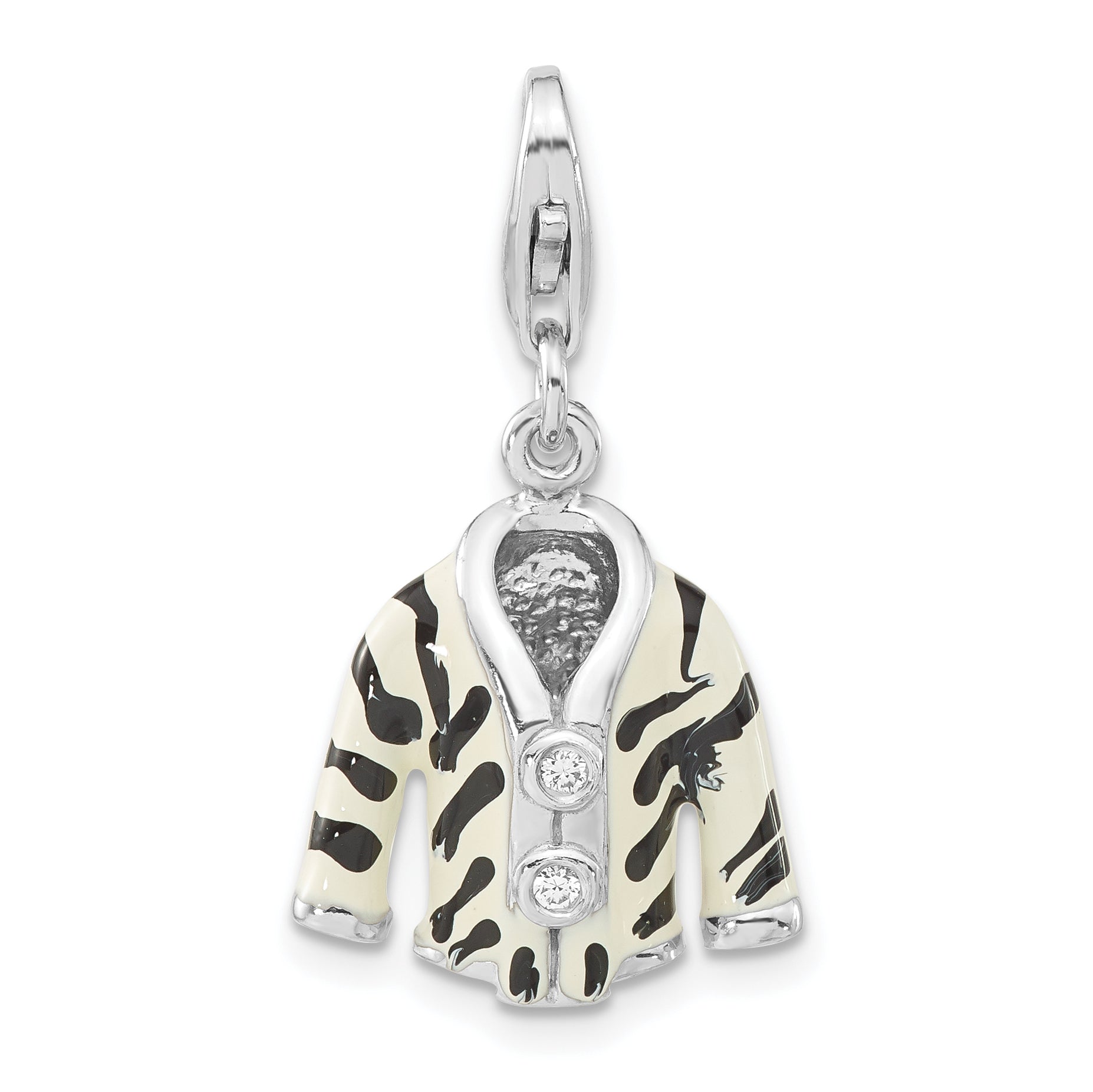 Sterling Silver Polished 3-D CZ & Black/White Enamel Zebra Jacket w/ Lobster Clasp Charm Main image
