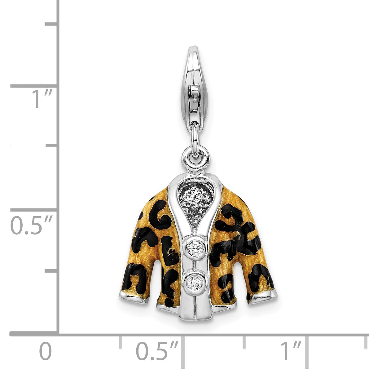 Amore La Vita Sterling Silver Rhodium-plated Polished 3-D CZ Enameled Leopard Jacket Charm with Fancy Lobster Clasp