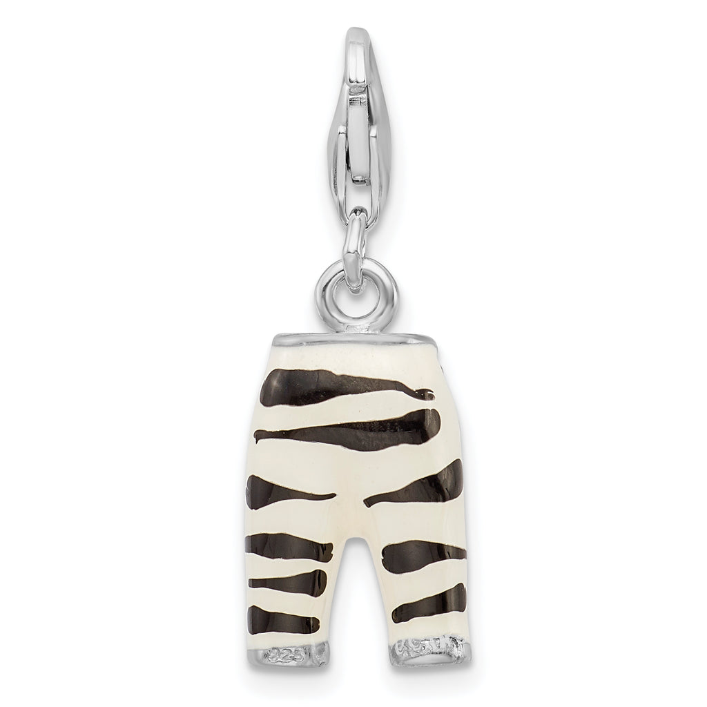 Amore La Vita Sterling Silver Rhodium-plated Polished 3-D CZ Enameled Zebra Pants Charm with Fancy Lobster Clasp