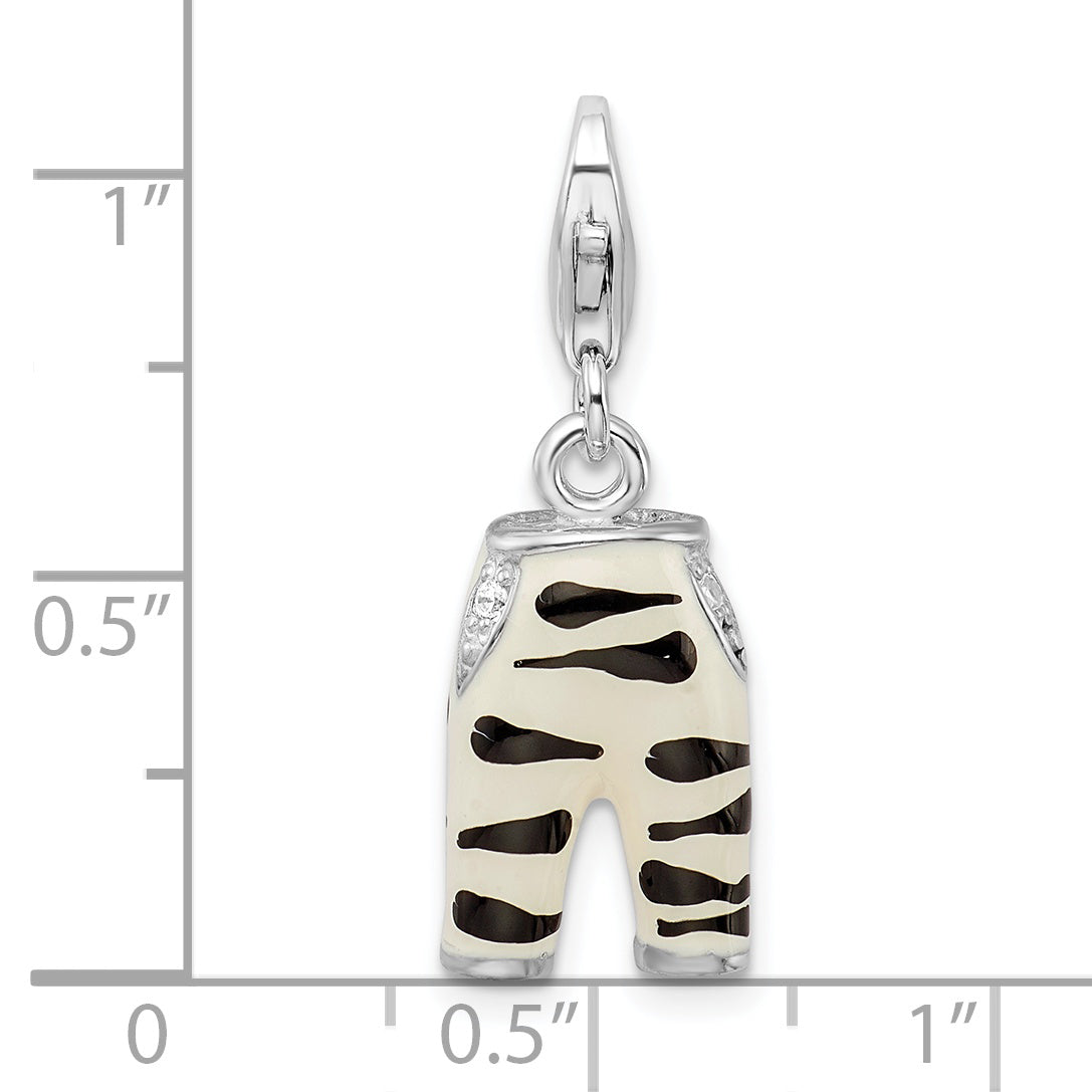 Amore La Vita Sterling Silver Rhodium-plated Polished 3-D CZ Enameled Zebra Pants Charm with Fancy Lobster Clasp
