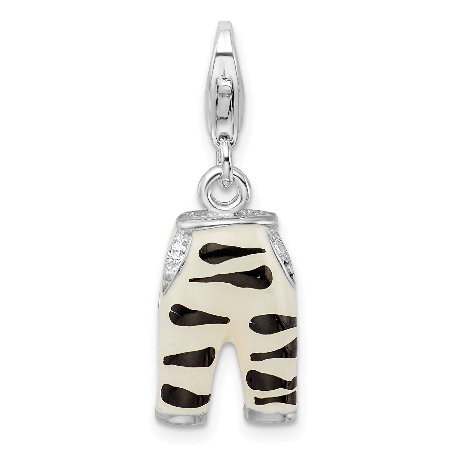 Amore La Vita Sterling Silver Rhodium-plated Polished 3-D CZ Enameled Zebra Pants Charm with Fancy Lobster Clasp Main image