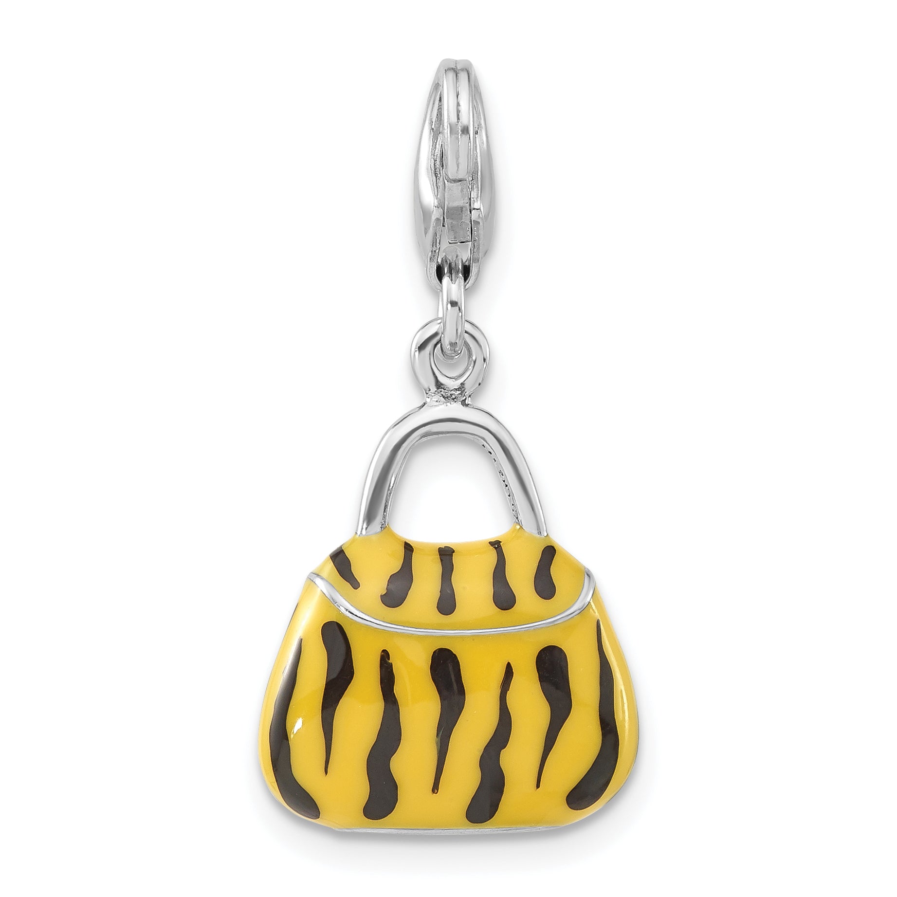 Sterling Silver Click-on CZ Enamel Tiger Purse Charm