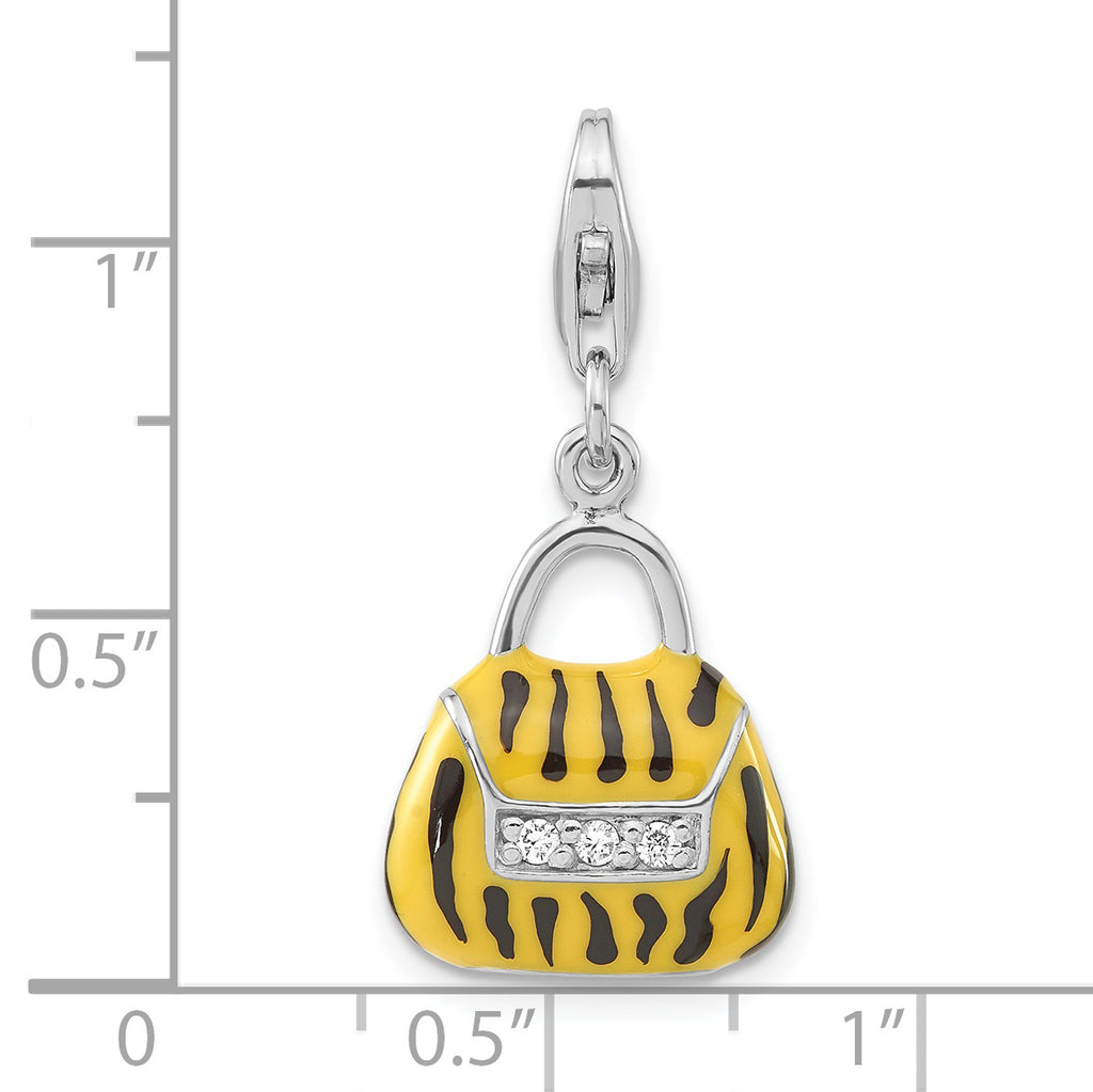 Sterling Silver Click-on CZ Enamel Tiger Purse Charm