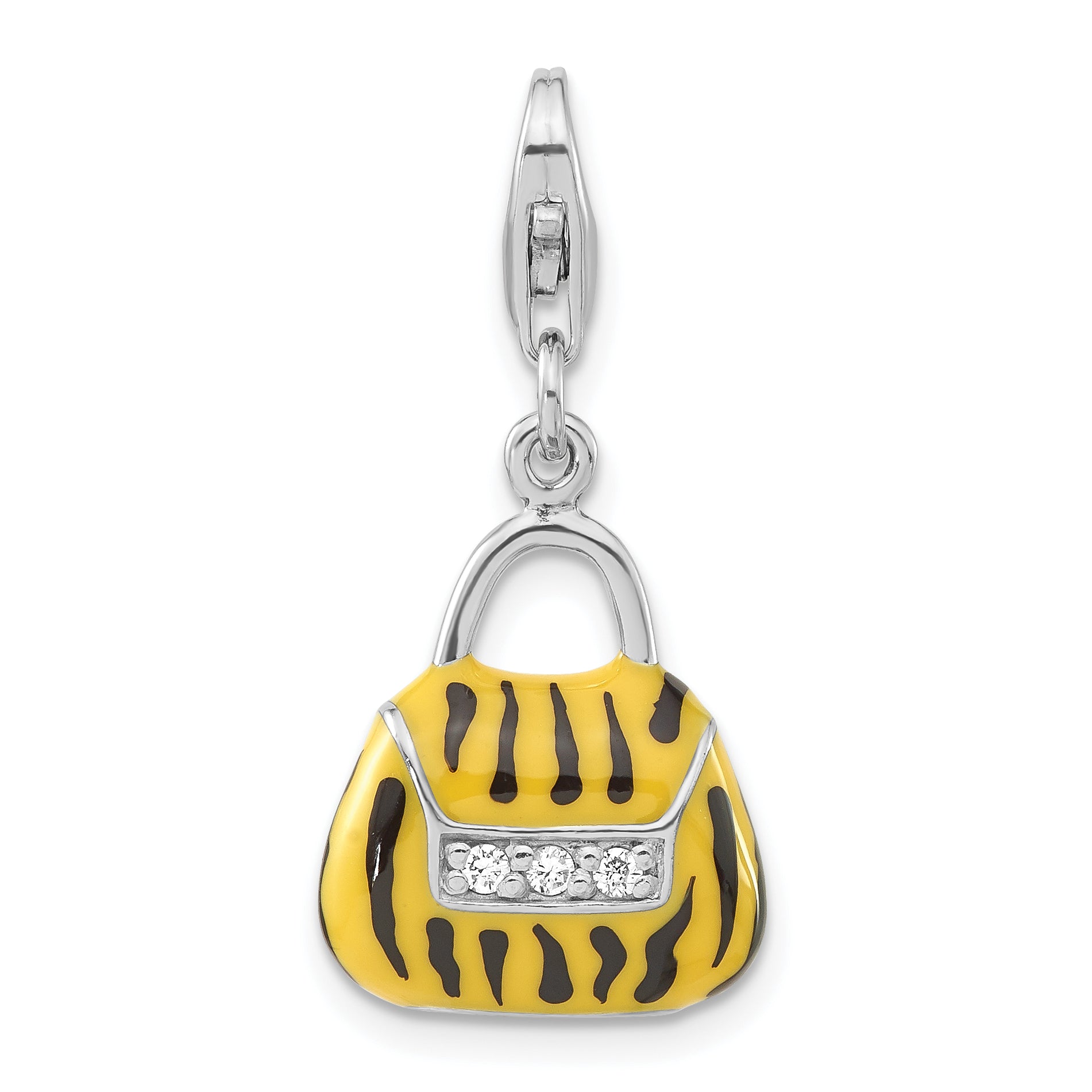 Sterling Silver 3-D Polished CZ Yellow/Black Enamel Tiger Purse w/ Lobster Clasp Charm Main image