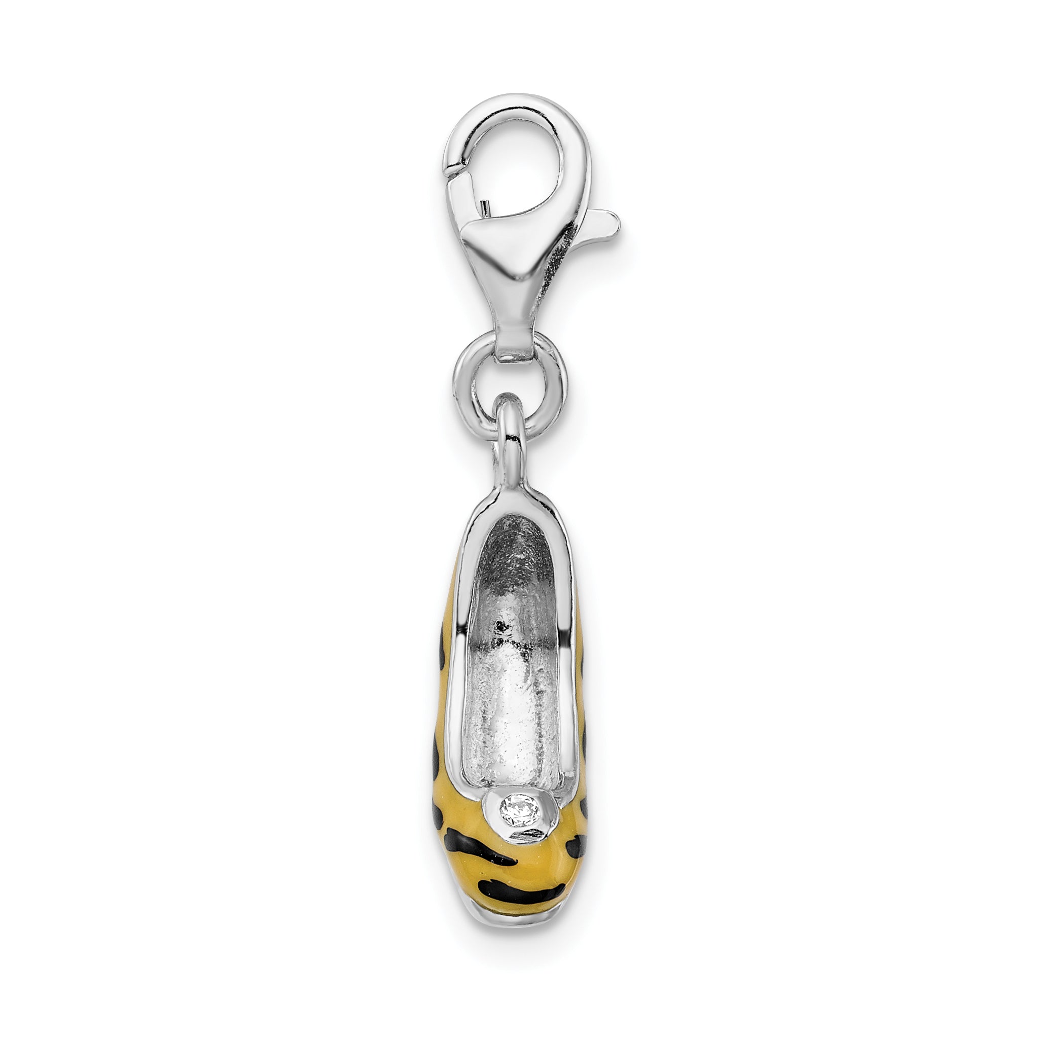 Amore La Vita Sterling Silver Rhodium-plated Polished 3-D CZ Enameled Tiger High Heel Charm with Fancy Lobster Clasp