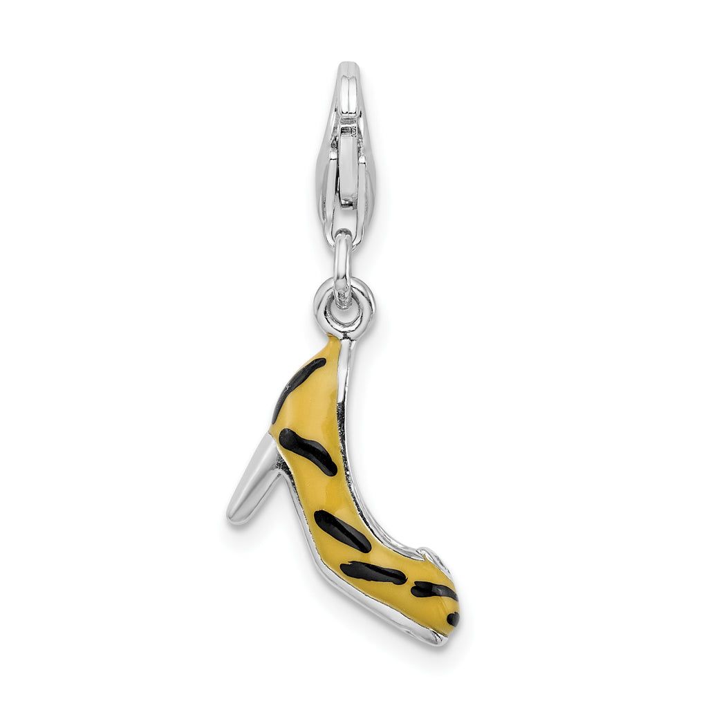 Amore La Vita Sterling Silver Rhodium-plated Polished 3-D CZ Enameled Tiger High Heel Charm with Fancy Lobster Clasp