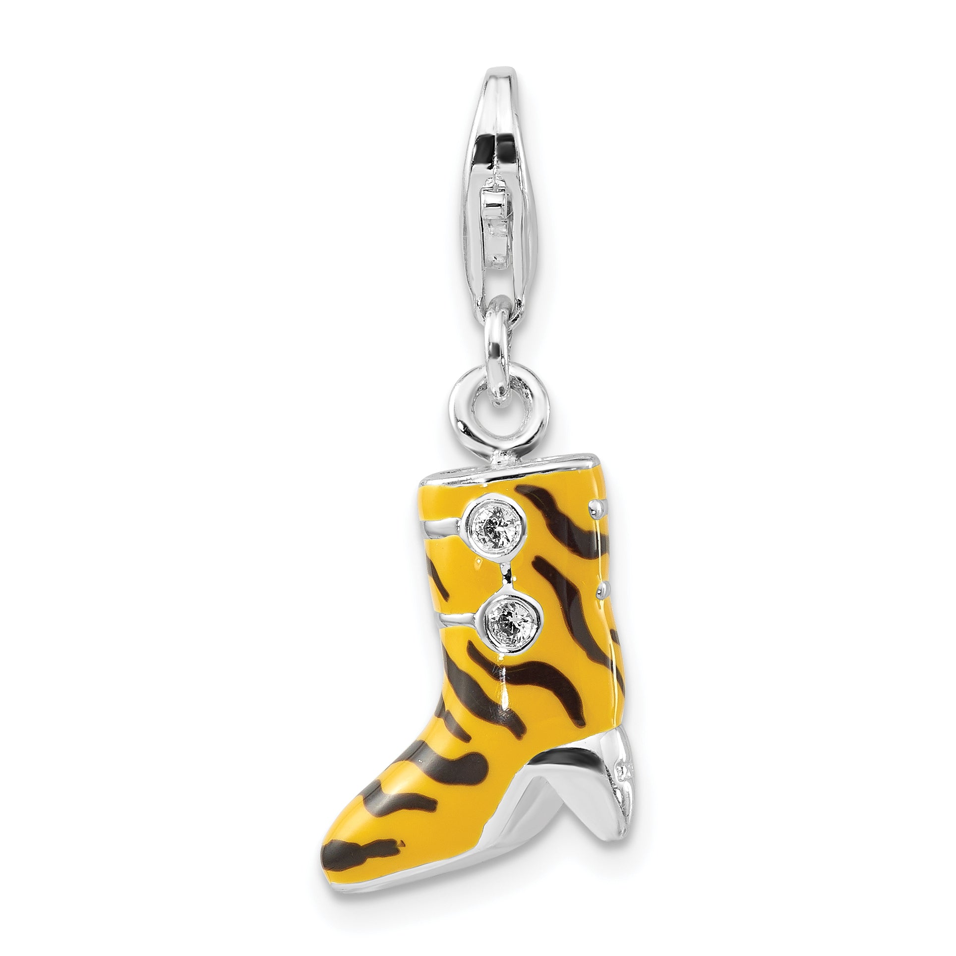 Sterling Silver 3-D Polished CZ Yellow/Black Enamel Tiger High Heel Boot w/ Lobster Clasp Charm Main image
