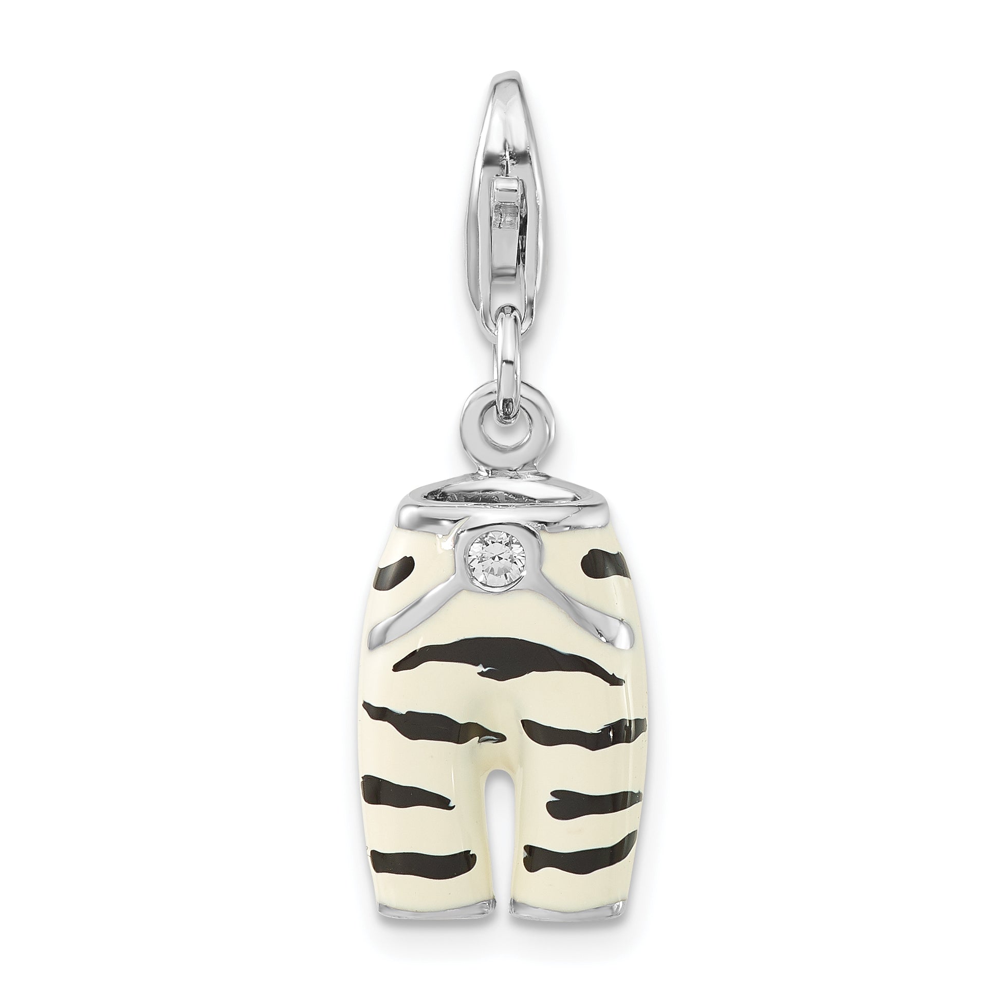 Sterling Silver Polished 3-D CZ & Black/White Enamel Zebra Pants w/ Lobster Clasp Charm Main image