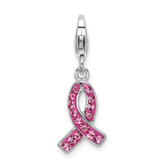 Amore La Vita Sterling Silver Rhodium-plated Polished Stellux Crystal Pink Awareness Charm with Fancy Lobster Clasp