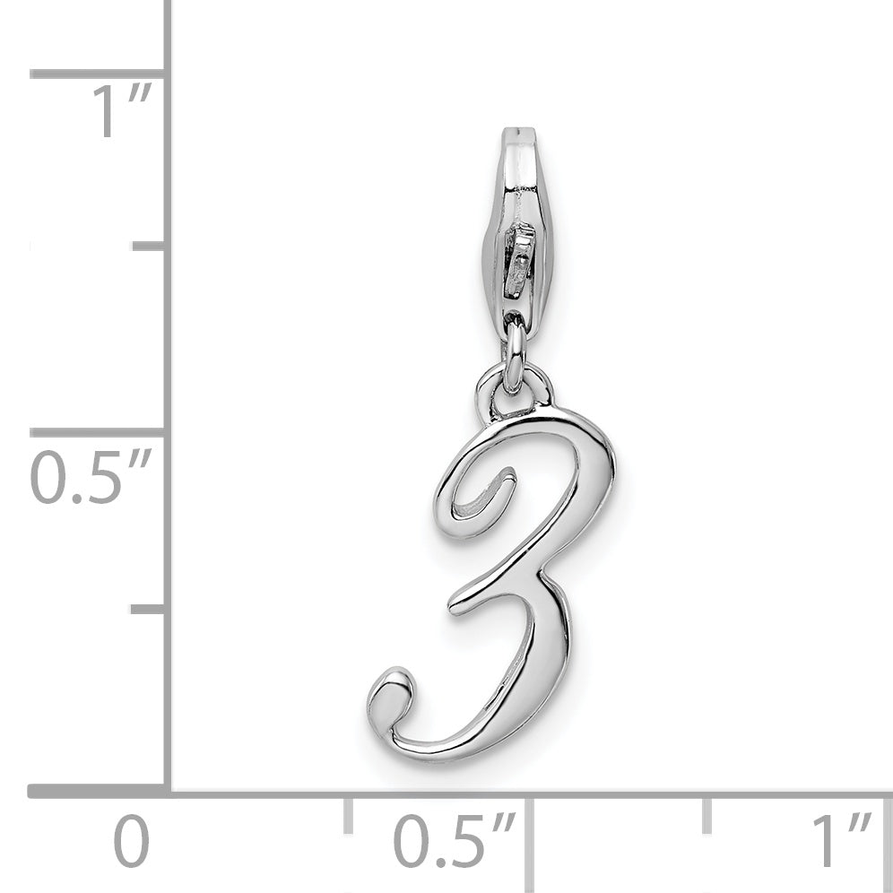 Amore La Vita Sterling Silver Rhodium-plated Polished Number 3 Charm with Fancy Lobster Clasp