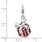 Amore La Vita Sterling Silver Rhodium-plated Polished Red Enameled Present Charm with Fancy Lobster Clasp