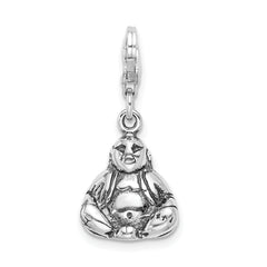 Amore La Vita Sterling Silver Rhodium-plated Polished 3-D Antiqued Buddha Charm with Fancy Lobster Clasp