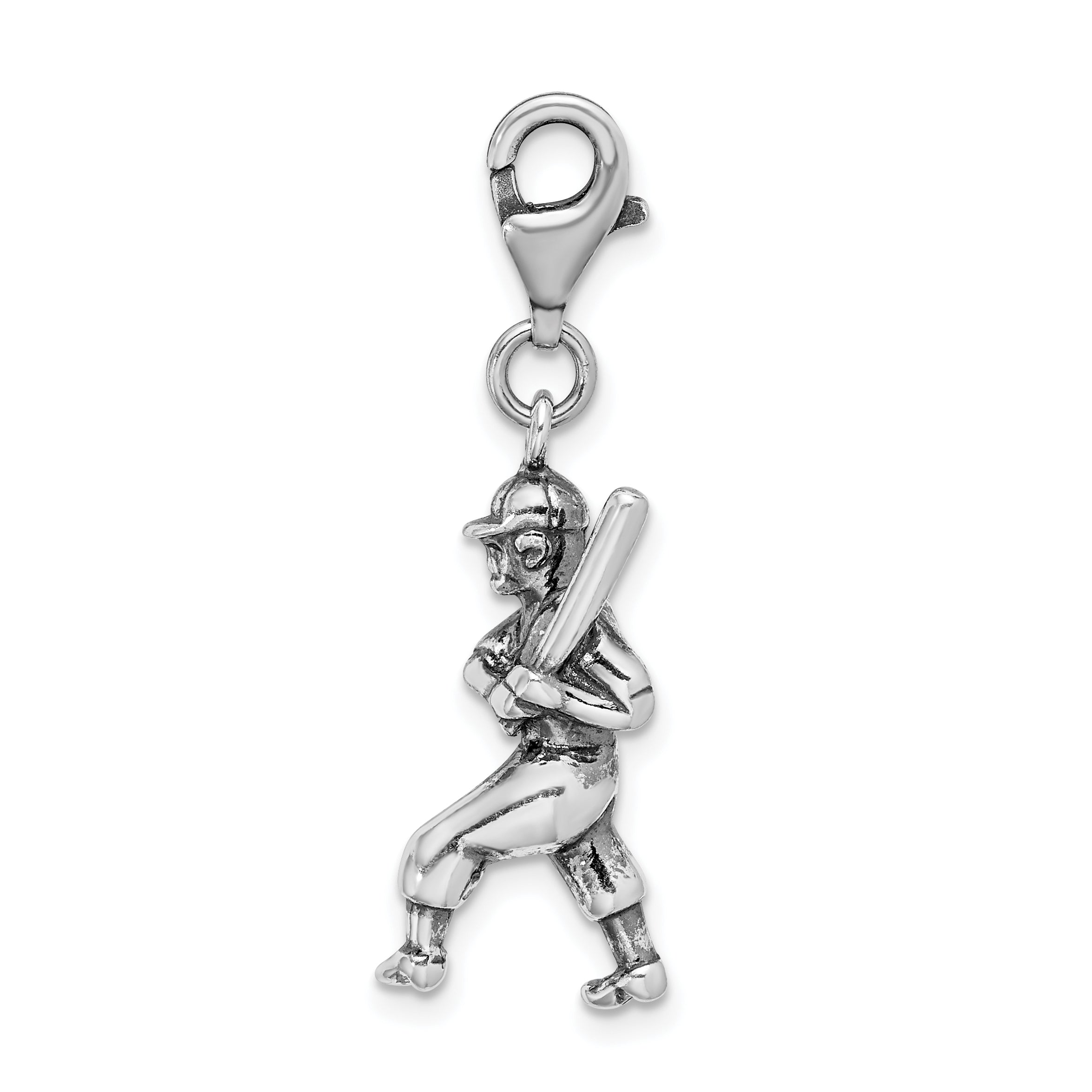 Amore La Vita Sterling Silver Rhodium-plated Polished 3-D Antiqued Baseball Player Charm with Fancy Lobster Clasp