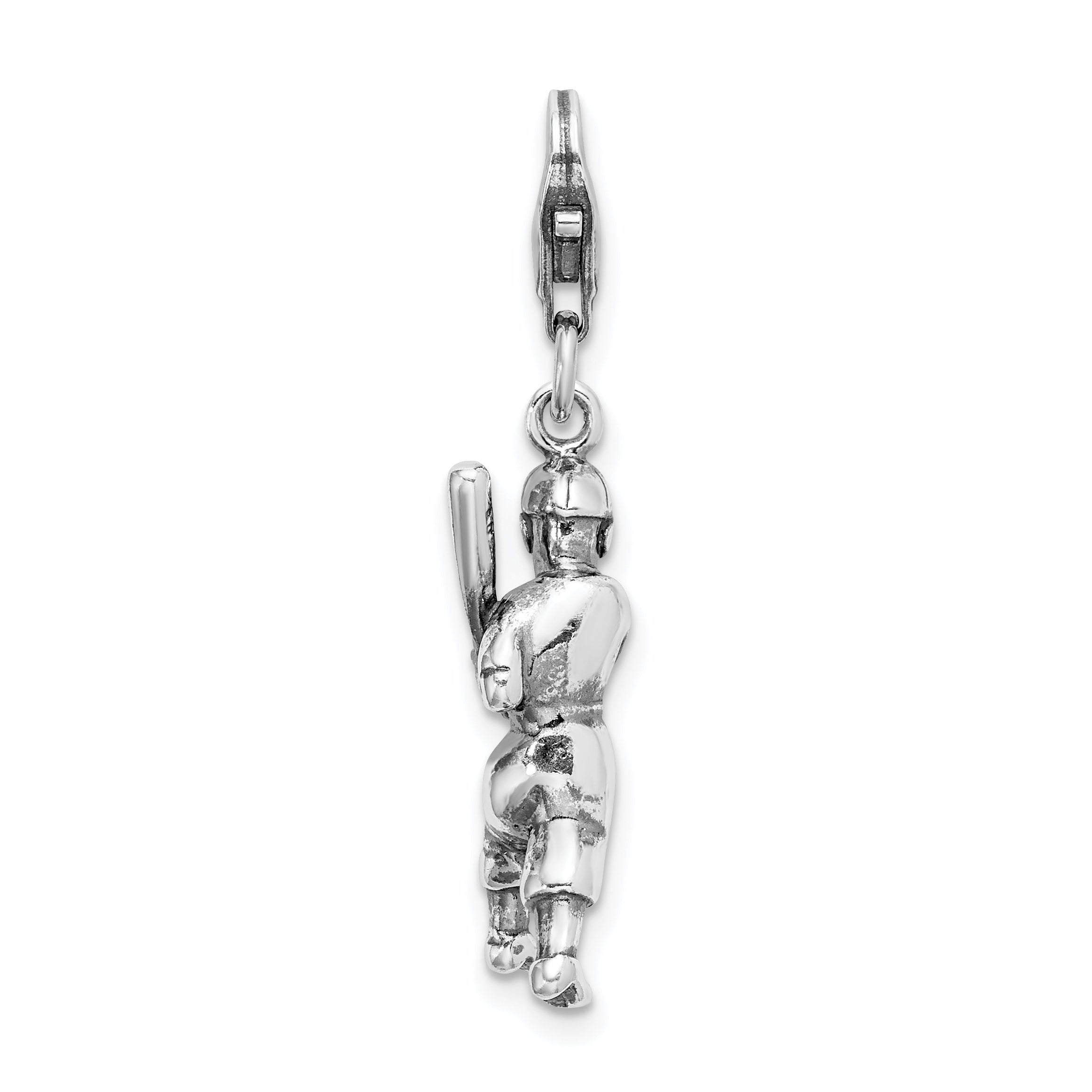Amore La Vita Sterling Silver Rhodium-plated Polished 3-D Antiqued Baseball Player Charm with Fancy Lobster Clasp