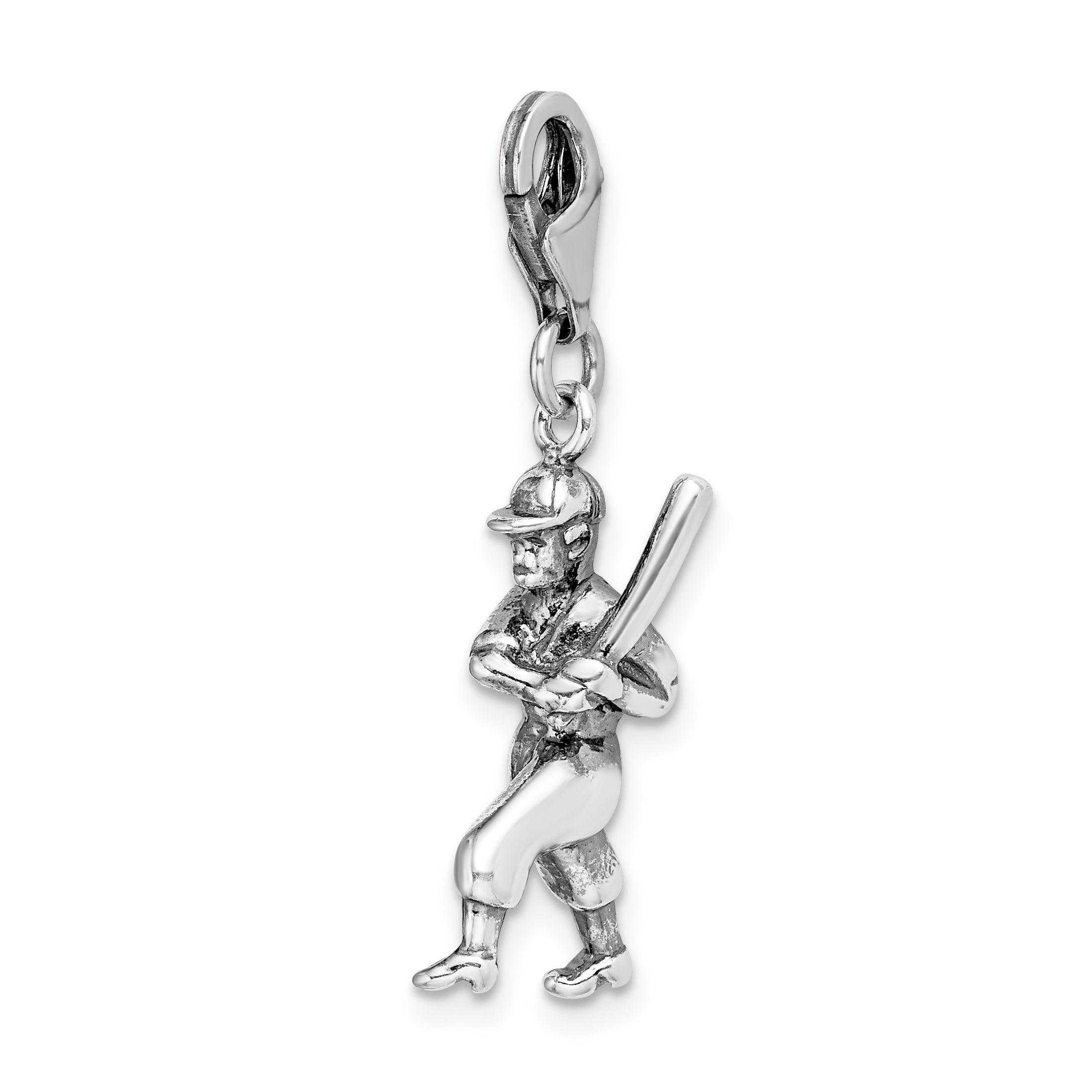 Amore La Vita Sterling Silver Rhodium-plated Polished 3-D Antiqued Baseball Player Charm with Fancy Lobster Clasp