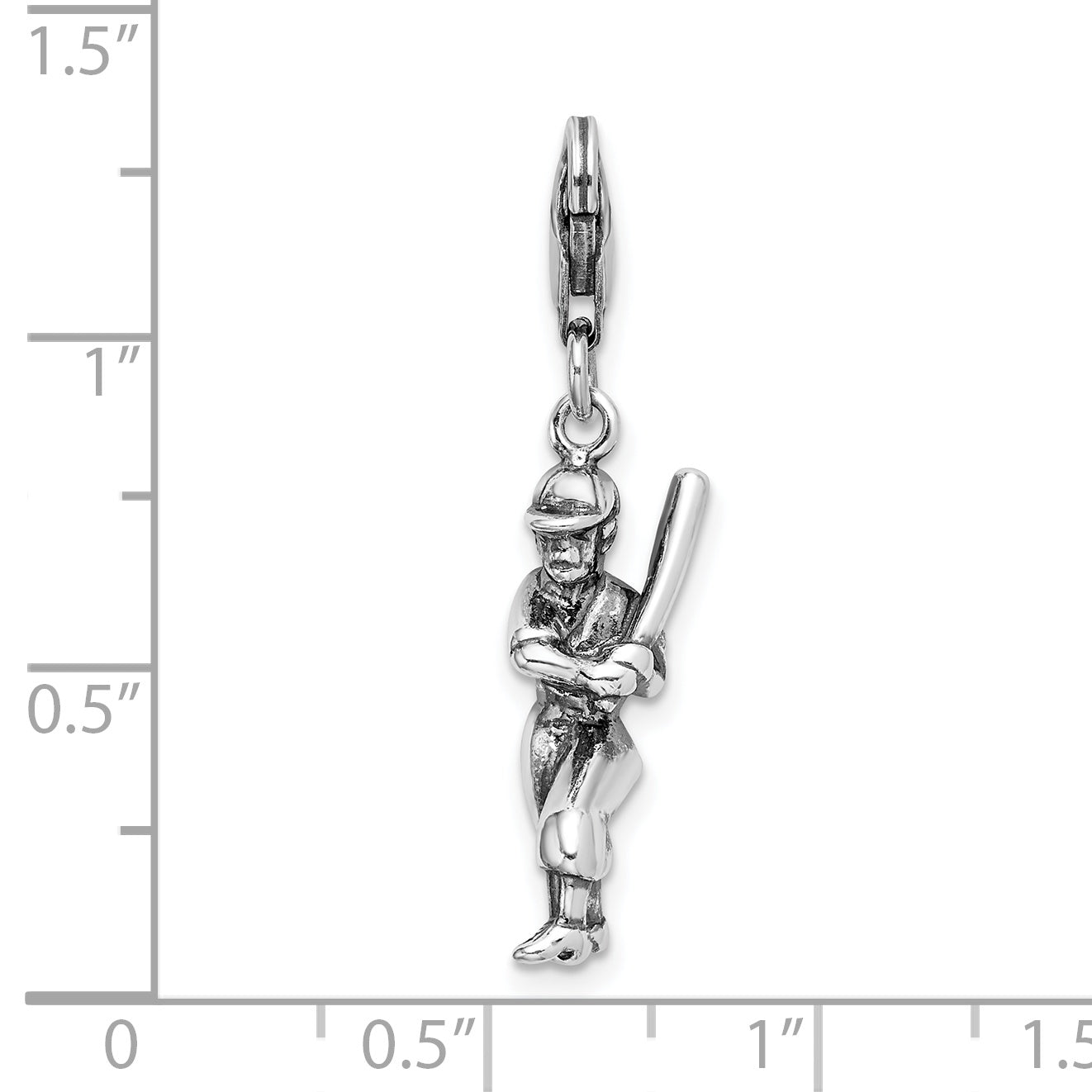 Amore La Vita Sterling Silver Rhodium-plated Polished 3-D Antiqued Baseball Player Charm with Fancy Lobster Clasp