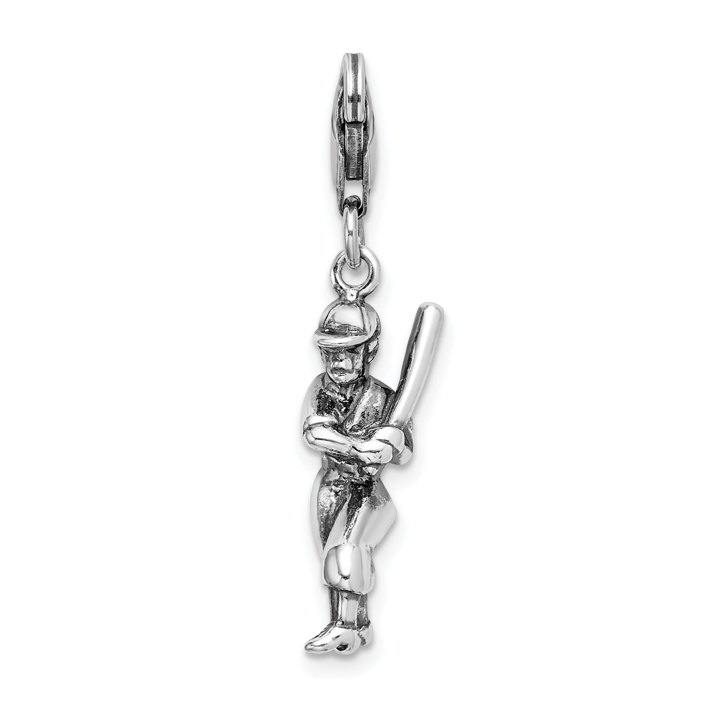 Amore La Vita Sterling Silver Rhodium-plated Polished 3-D Antiqued Baseball Player Charm with Fancy Lobster Clasp