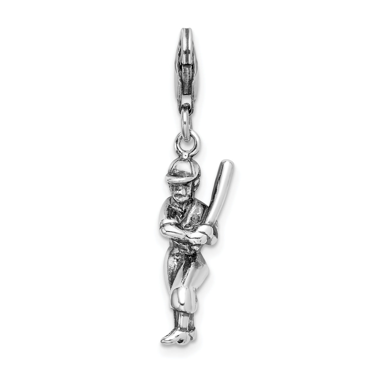 Amore La Vita Sterling Silver Rhodium-plated Polished 3-D Antiqued Baseball Player Charm with Fancy Lobster Clasp