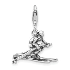 Sterling Silver 3-D Polished & Antiqued Skier With  Lobster Clasp Charm