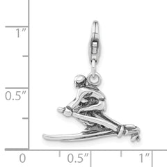 Sterling Silver 3-D Polished & Antiqued Skier With  Lobster Clasp Charm