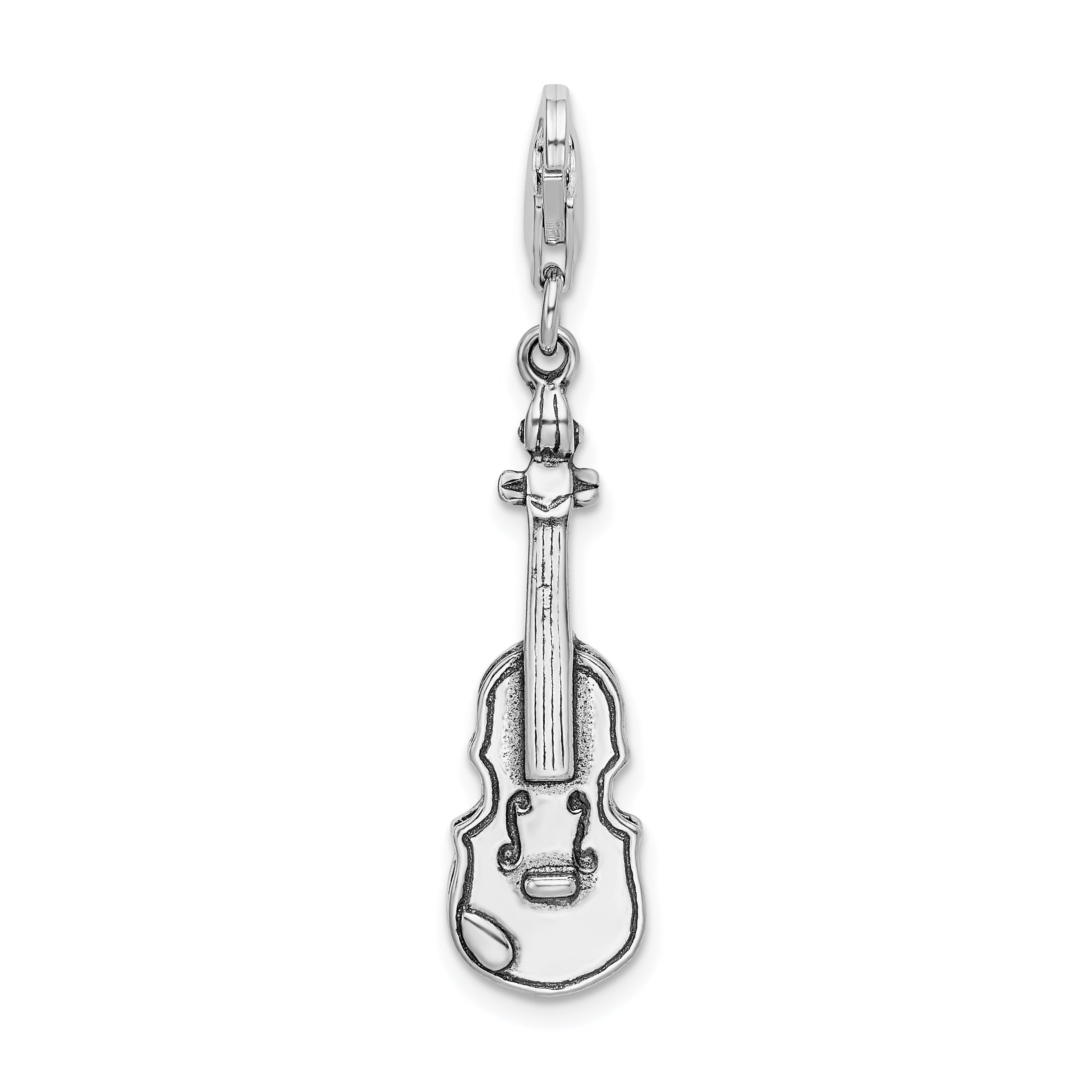 Amore La Vita Sterling Silver Rhodium-plated Polished 3-D Antiqued Violin Charm with Fancy Lobster Clasp Main image