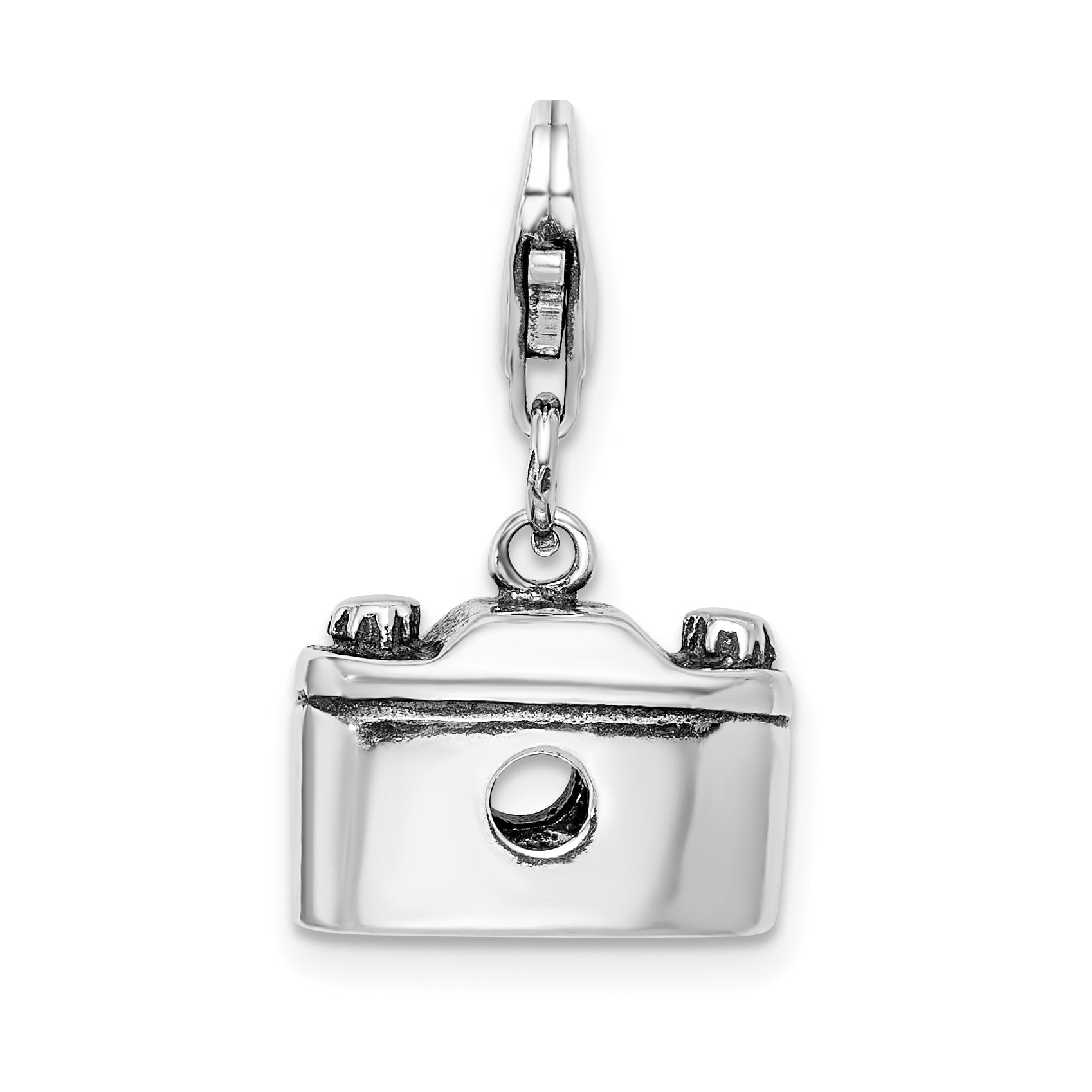 Amore La Vita Sterling Silver Rhodium-plated Polished 3-D Antiqued Camera Charm with Fancy Lobster Clasp