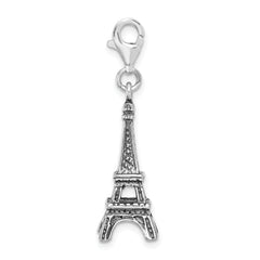 Amore La Vita Sterling Silver Rhodium-plated Polished 3-D Antiqued Eiffel Tower Charm with Fancy Lobster Clasp