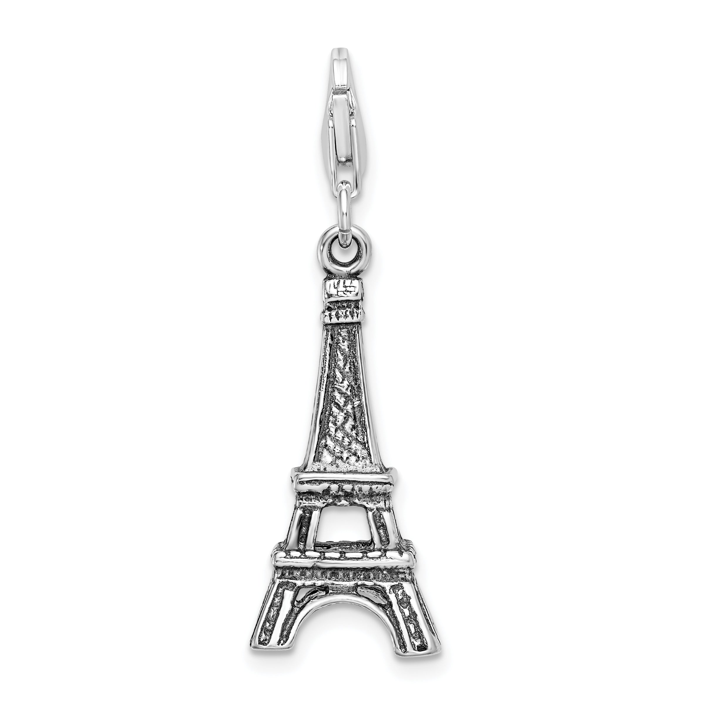 Amore La Vita Sterling Silver Rhodium-plated Polished 3-D Antiqued Eiffel Tower Charm with Fancy Lobster Clasp