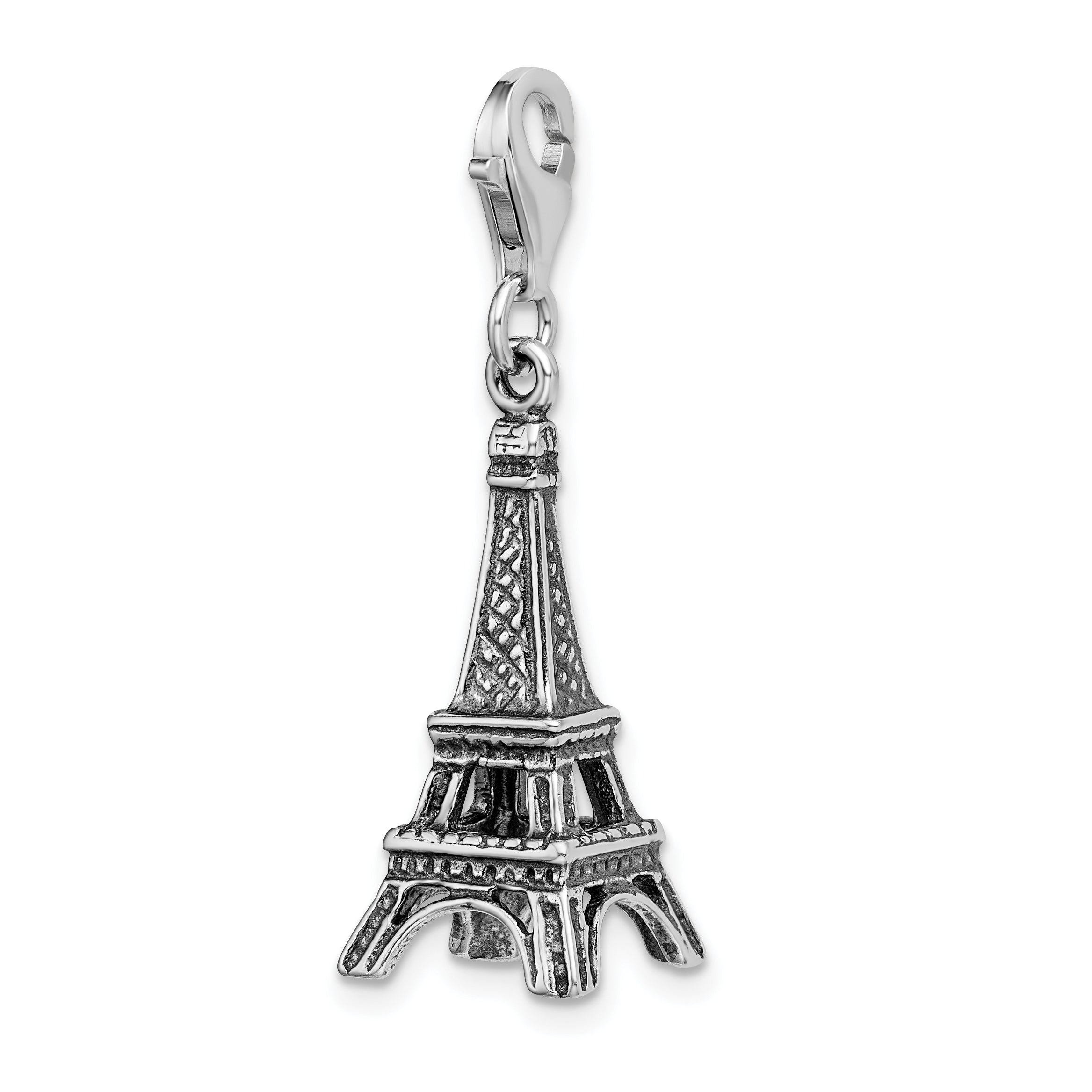 Amore La Vita Sterling Silver Rhodium-plated Polished 3-D Antiqued Eiffel Tower Charm with Fancy Lobster Clasp