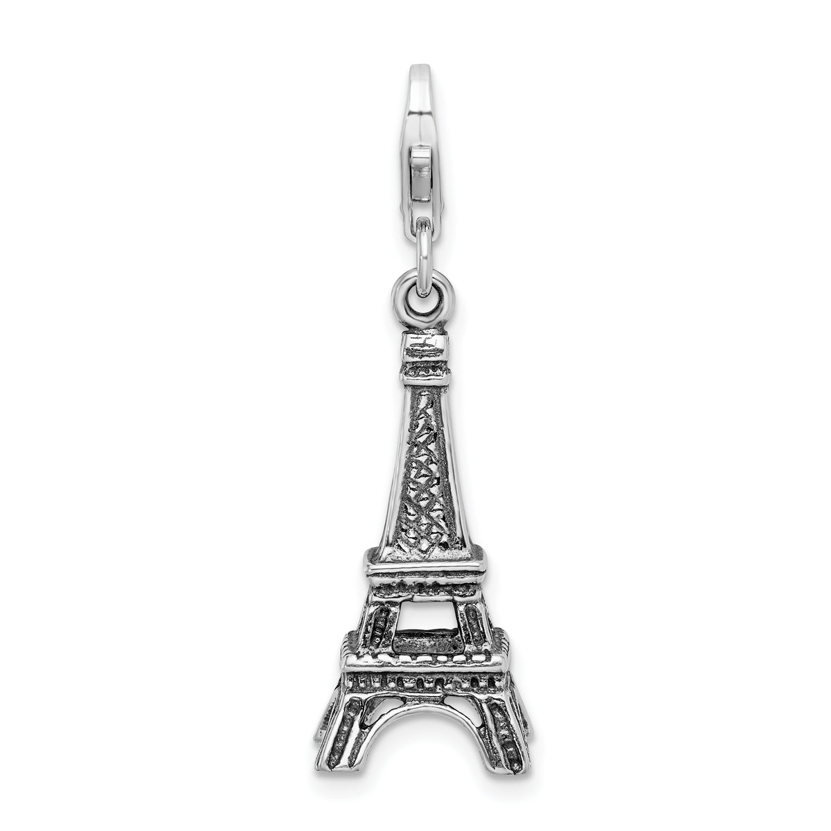 Amore La Vita Sterling Silver Rhodium-plated Polished 3-D Antiqued Eiffel Tower Charm with Fancy Lobster Clasp