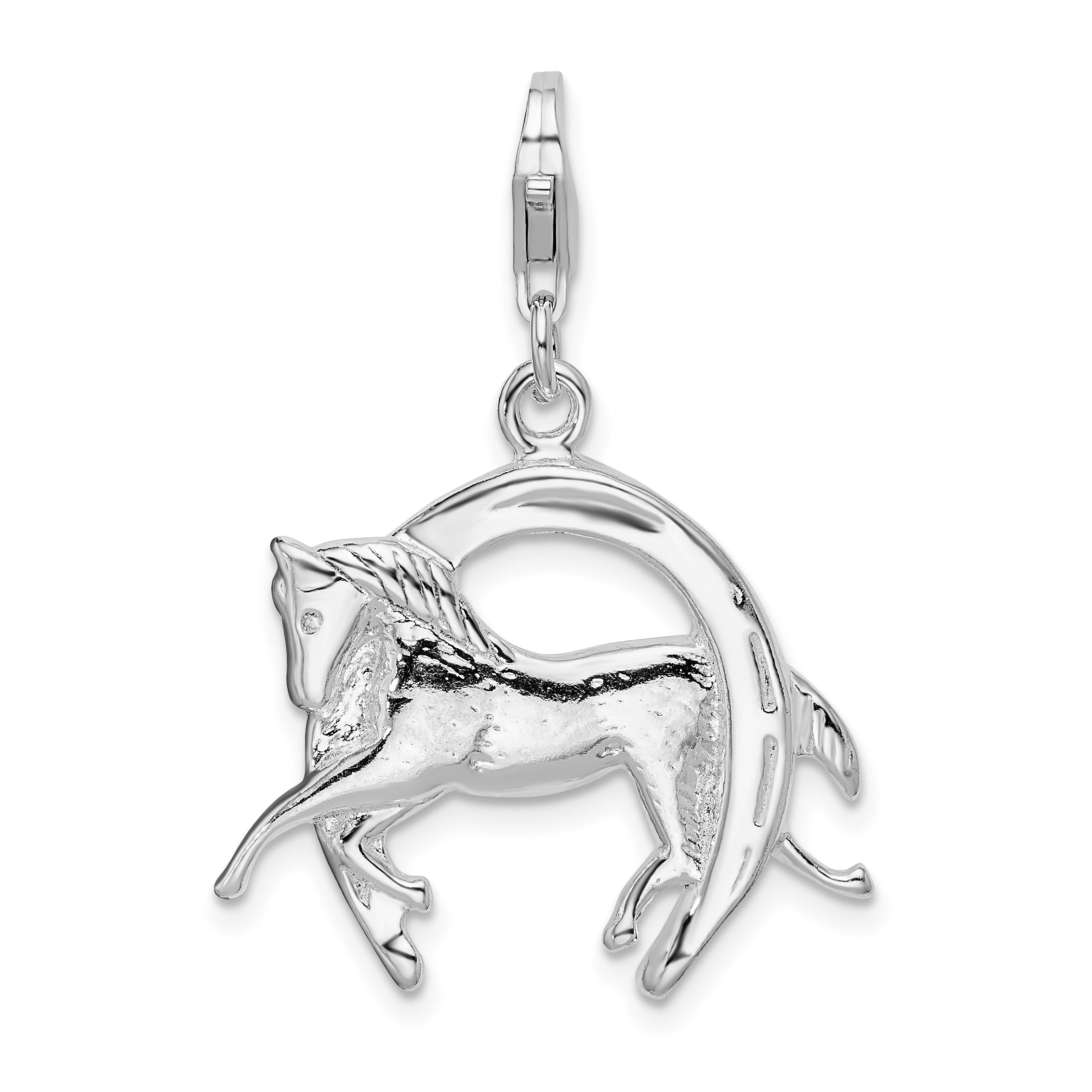 Amore La Vita Sterling Silver Rhodium-plated Polished 3-D Horse in Horseshoe Charm with Fancy Lobster Clasp Main image