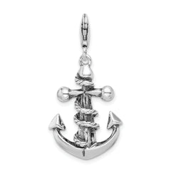 Amore La Vita Sterling Silver Rhodium-plated Polished 3-D Antiqued Anchor and Rope Charm with Fancy Lobster Clasp