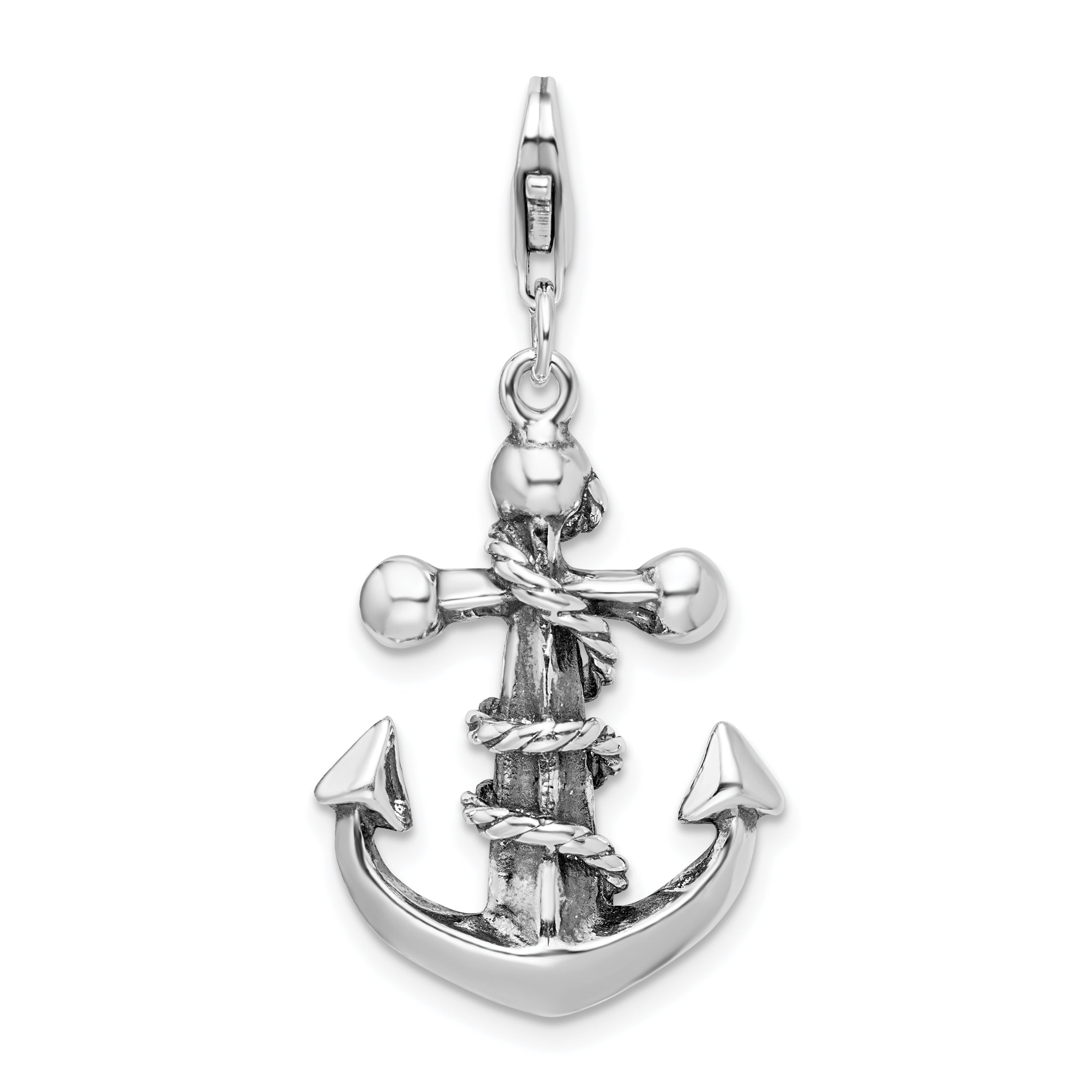 Amore La Vita Sterling Silver Rhodium-plated Polished 3-D Antiqued Anchor and Rope Charm with Fancy Lobster Clasp Main image
