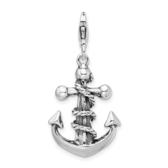 Amore La Vita Sterling Silver Rhodium-plated Polished 3-D Antiqued Anchor and Rope Charm with Fancy Lobster Clasp