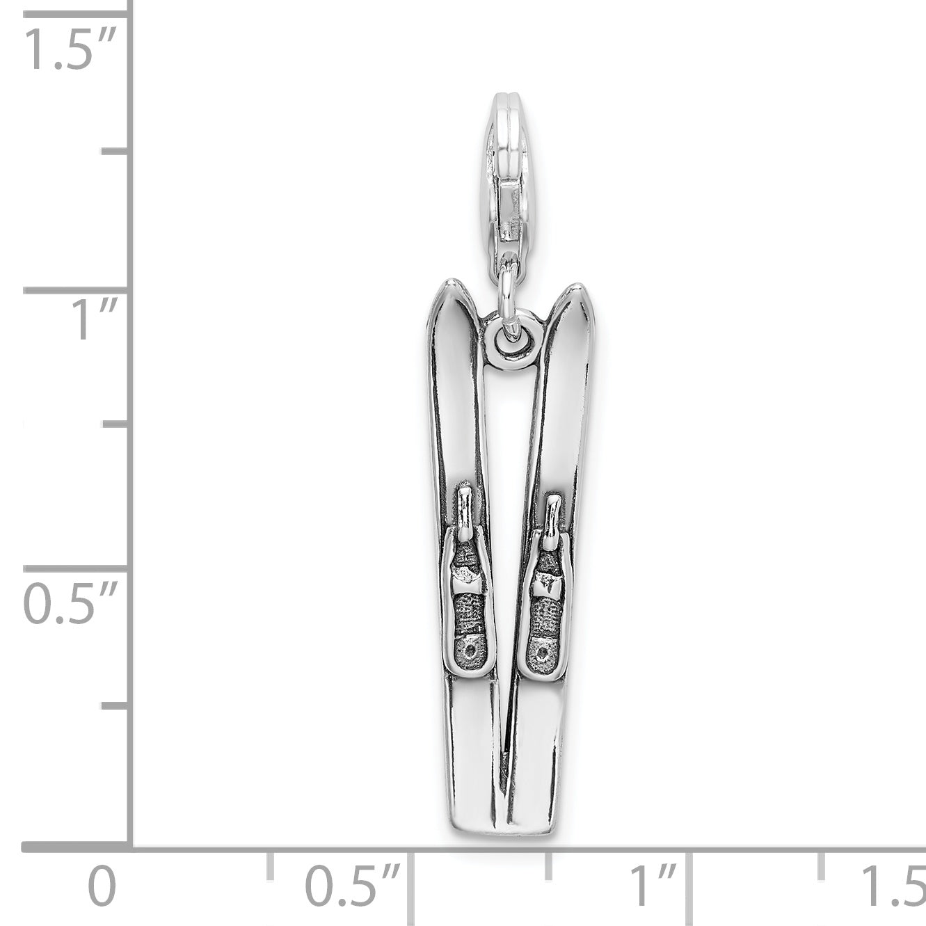 Amore La Vita Sterling Silver Rhodium-plated Polished 3-D Antiqued Skis Charm with Fancy Lobster Clasp