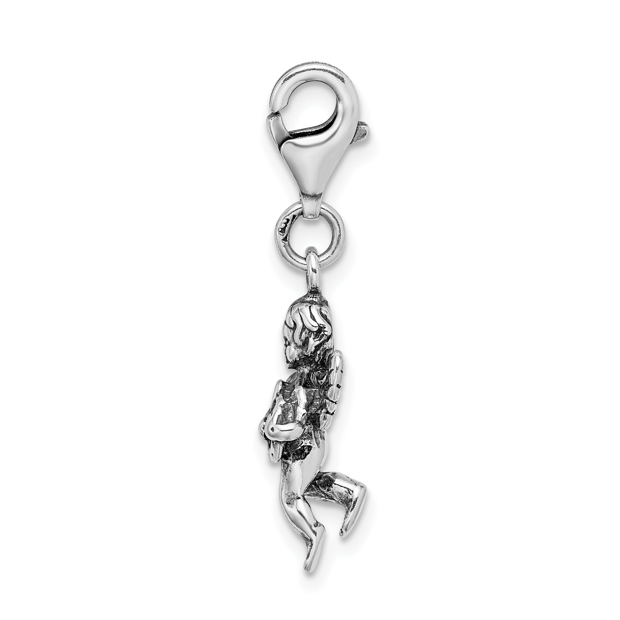 Amore La Vita Sterling Silver Rhodium-plated Polished 3-D Antiqued Angel with Harp Charm with Fancy Lobster Clasp