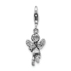 Amore La Vita Sterling Silver Rhodium-plated Polished 3-D Antiqued Angel with Harp Charm with Fancy Lobster Clasp