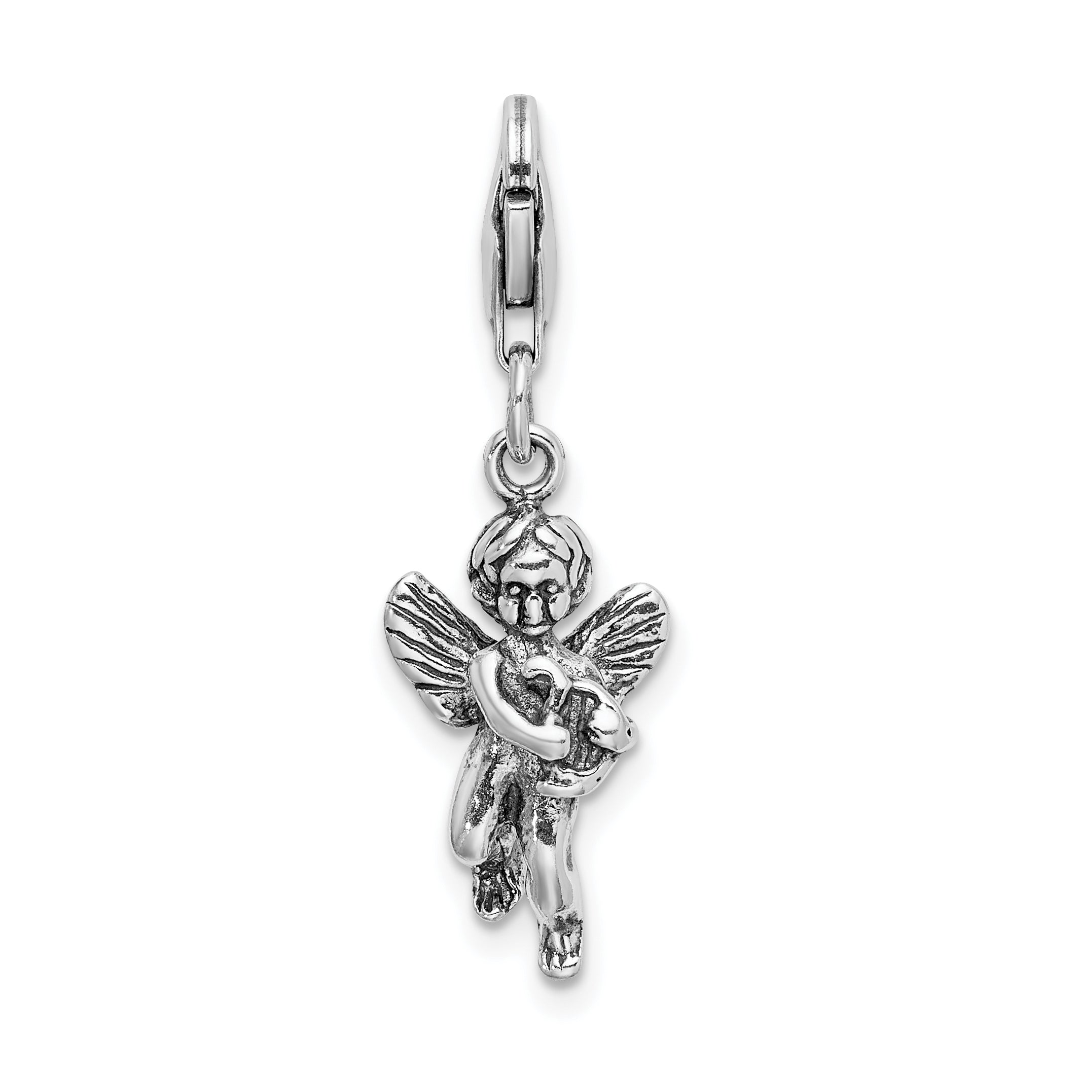 Amore La Vita Sterling Silver Rhodium-plated Polished 3-D Antiqued Angel with Harp Charm with Fancy Lobster Clasp Main image