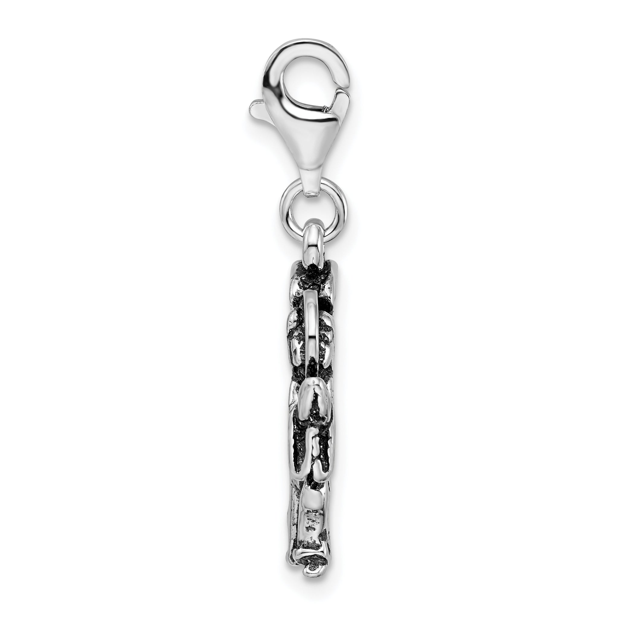 Amore La Vita Sterling Silver Rhodium-plated Polished 3-D Antique Kneeling Angel Charm with Fancy Lobster Clasp