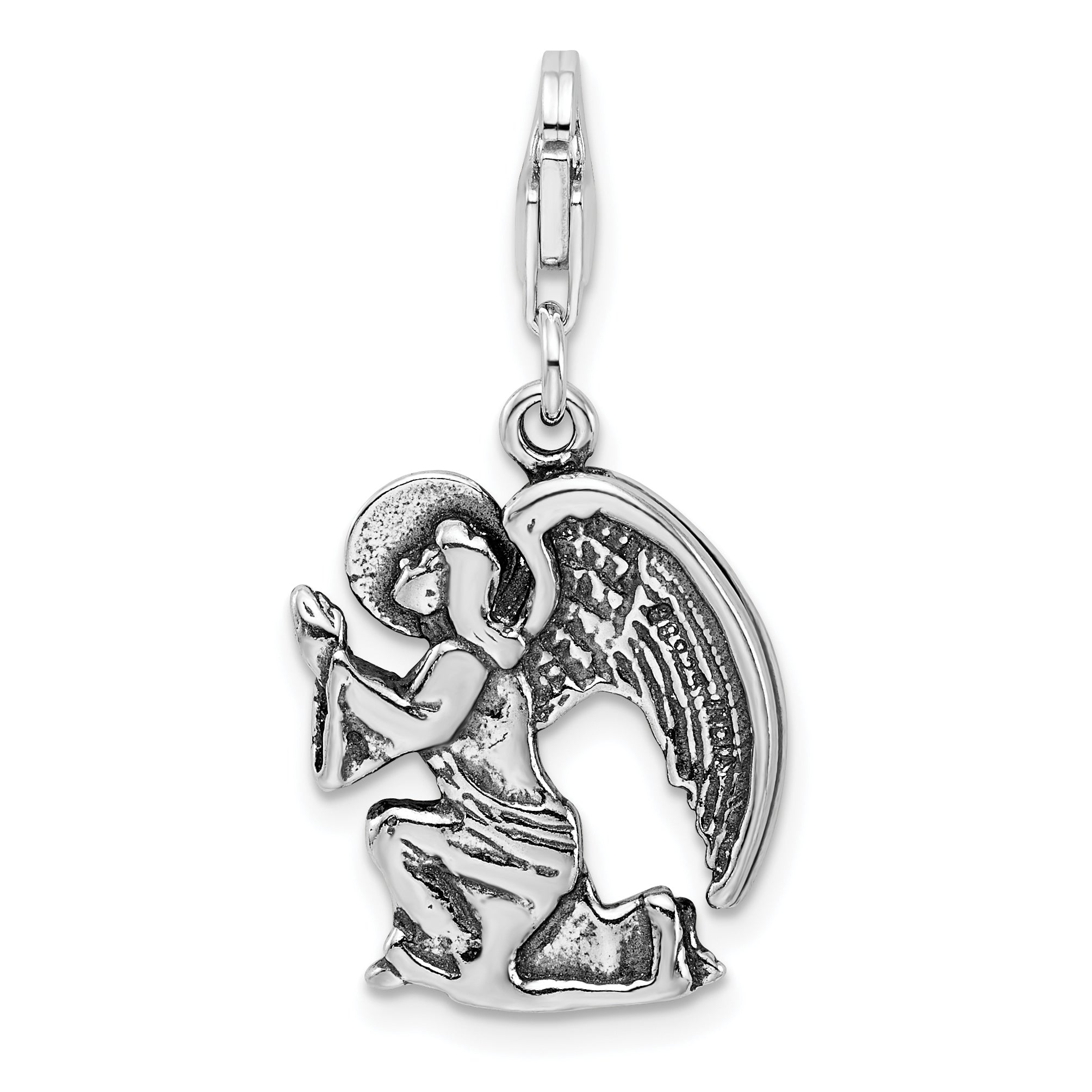 Amore La Vita Sterling Silver Rhodium-plated Polished 3-D Antique Kneeling Angel Charm with Fancy Lobster Clasp