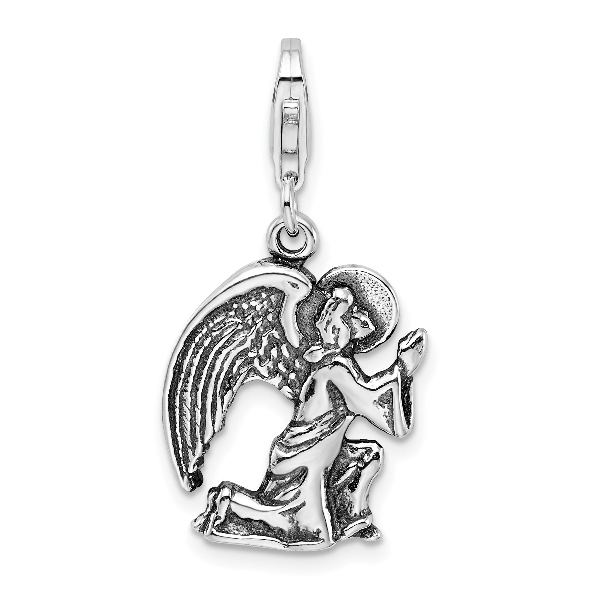 Amore La Vita Sterling Silver Rhodium-plated Polished 3-D Antique Kneeling Angel Charm with Fancy Lobster Clasp