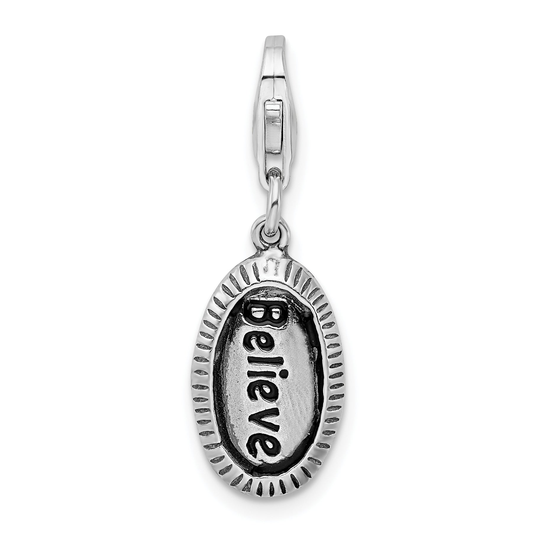 Amore La Vita Sterling Silver Rhodium-plated Polished Antiqued BELIEVE Charm with Fancy Lobster Clasp Main image