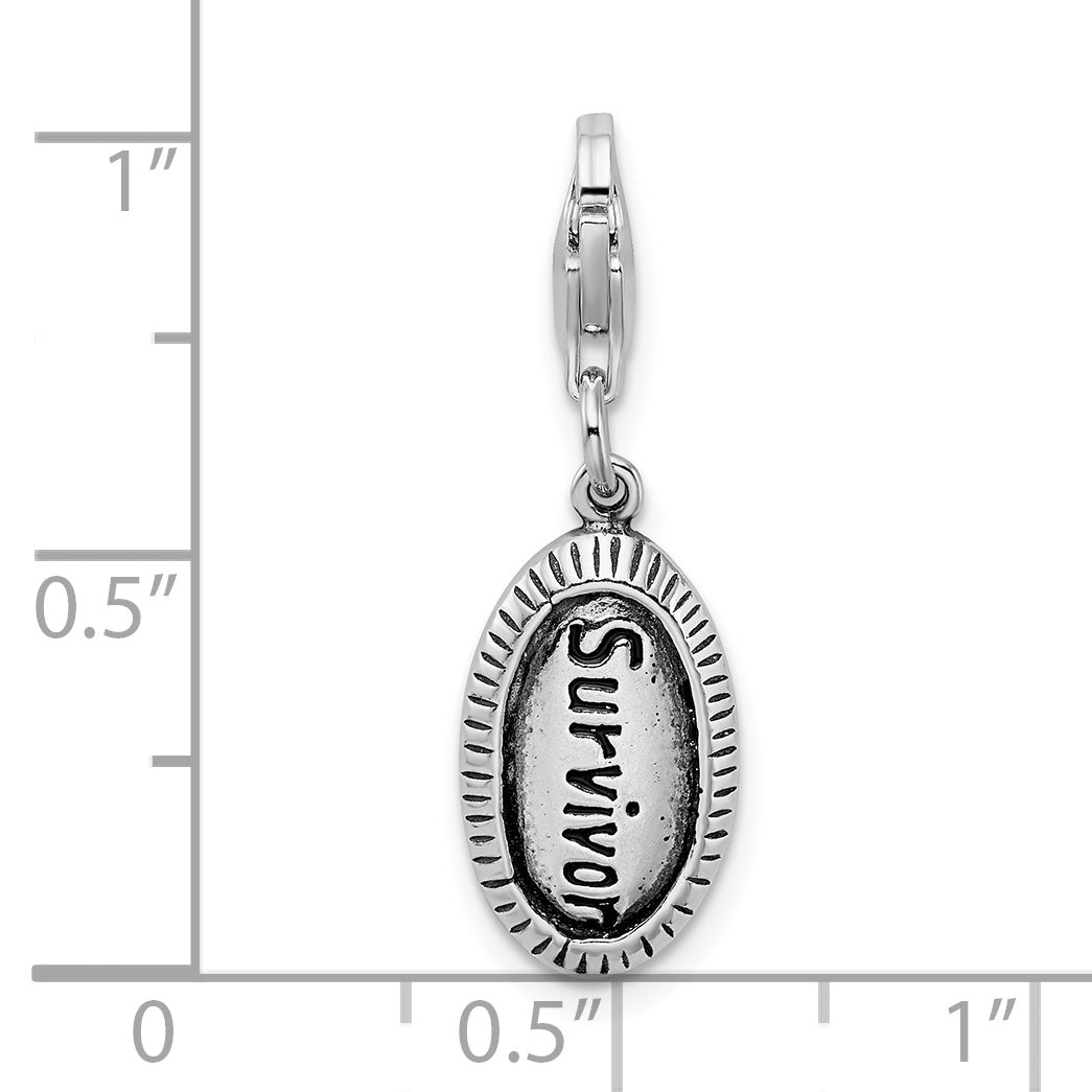 Amore La Vita Sterling Silver Rhodium-plated Polished Antiqued SURVIVOR Charm with Fancy Lobster Clasp