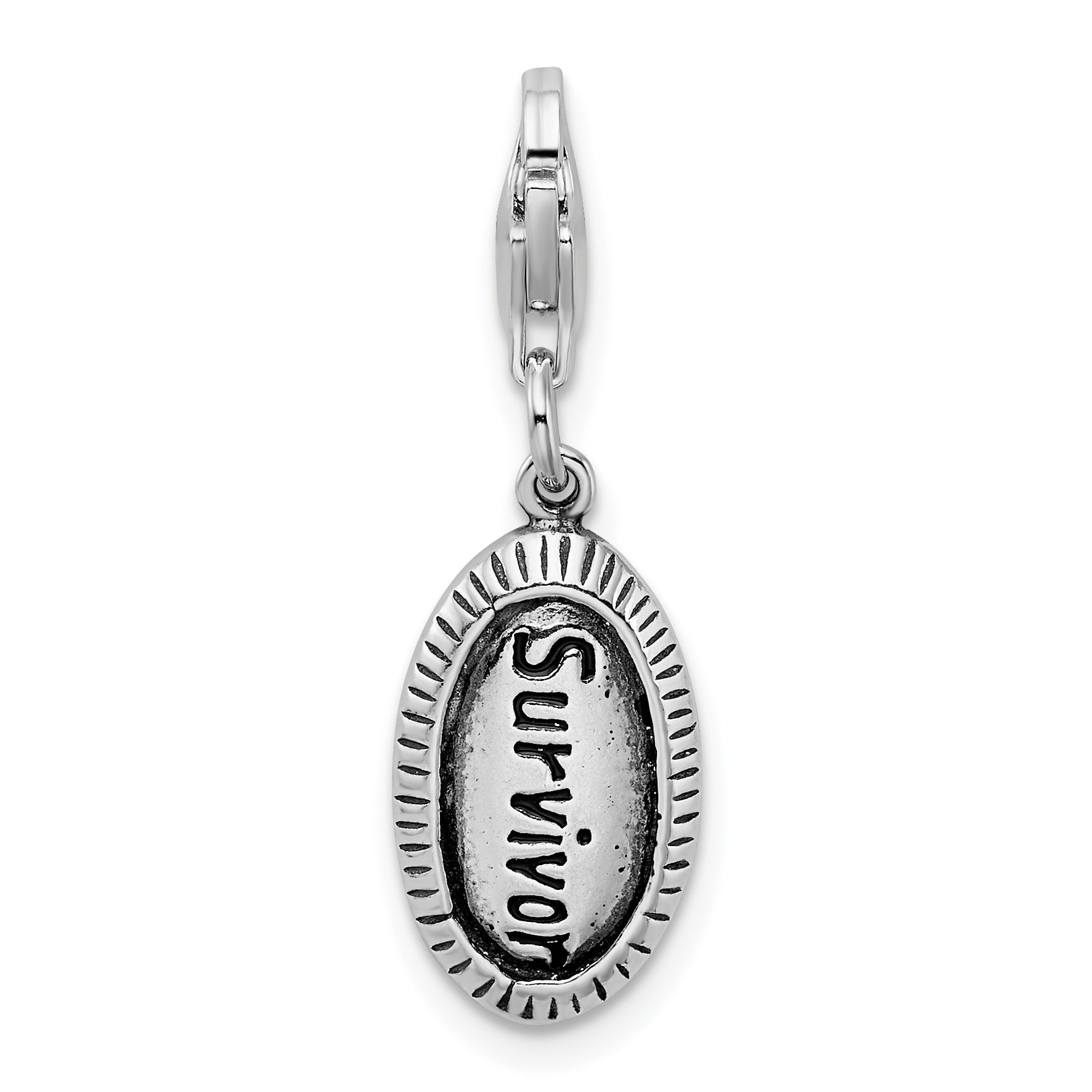 Amore La Vita Sterling Silver Rhodium-plated Polished Antiqued SURVIVOR Charm with Fancy Lobster Clasp
