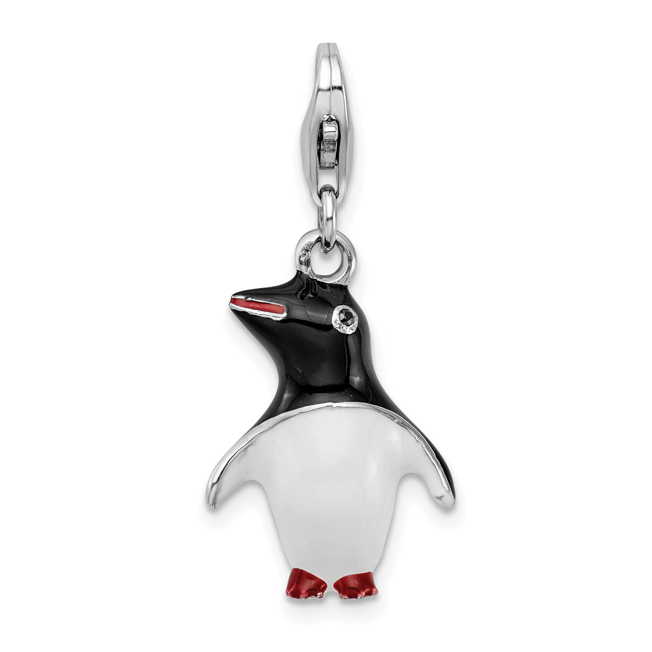 Amore La Vita Sterling Silver Rhodium-plated Polished 3-D Enameled Penguin Charm with Fancy Lobster Clasp Main image