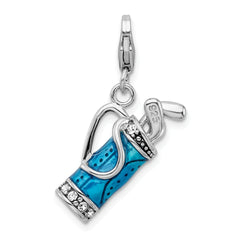 Amore La Vita Sterling Silver Rhodium-plated Polished 3-D Enameled Golf Bag and Clubs Charm with Fancy Lobster Clasp