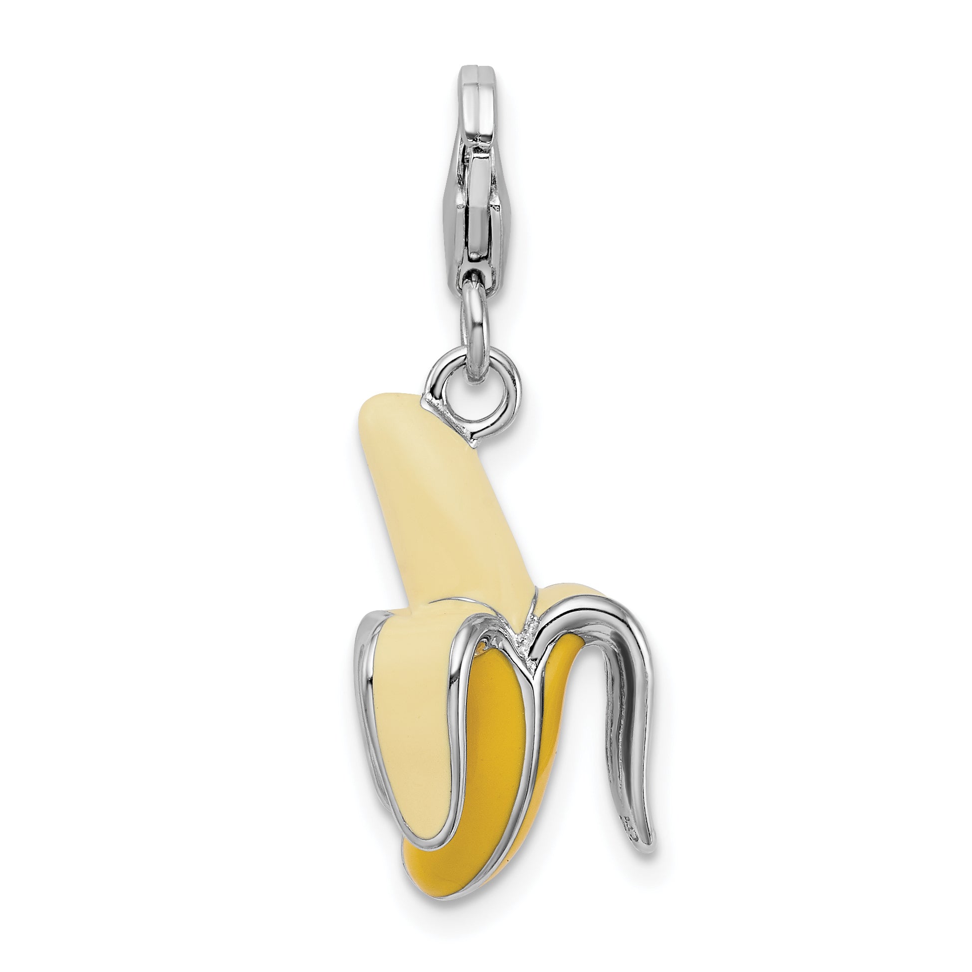 Amore La Vita Sterling Silver Rhodium-plated Polished 3-D Enameled Peeled Banana Charm with Fancy Lobster Clasp