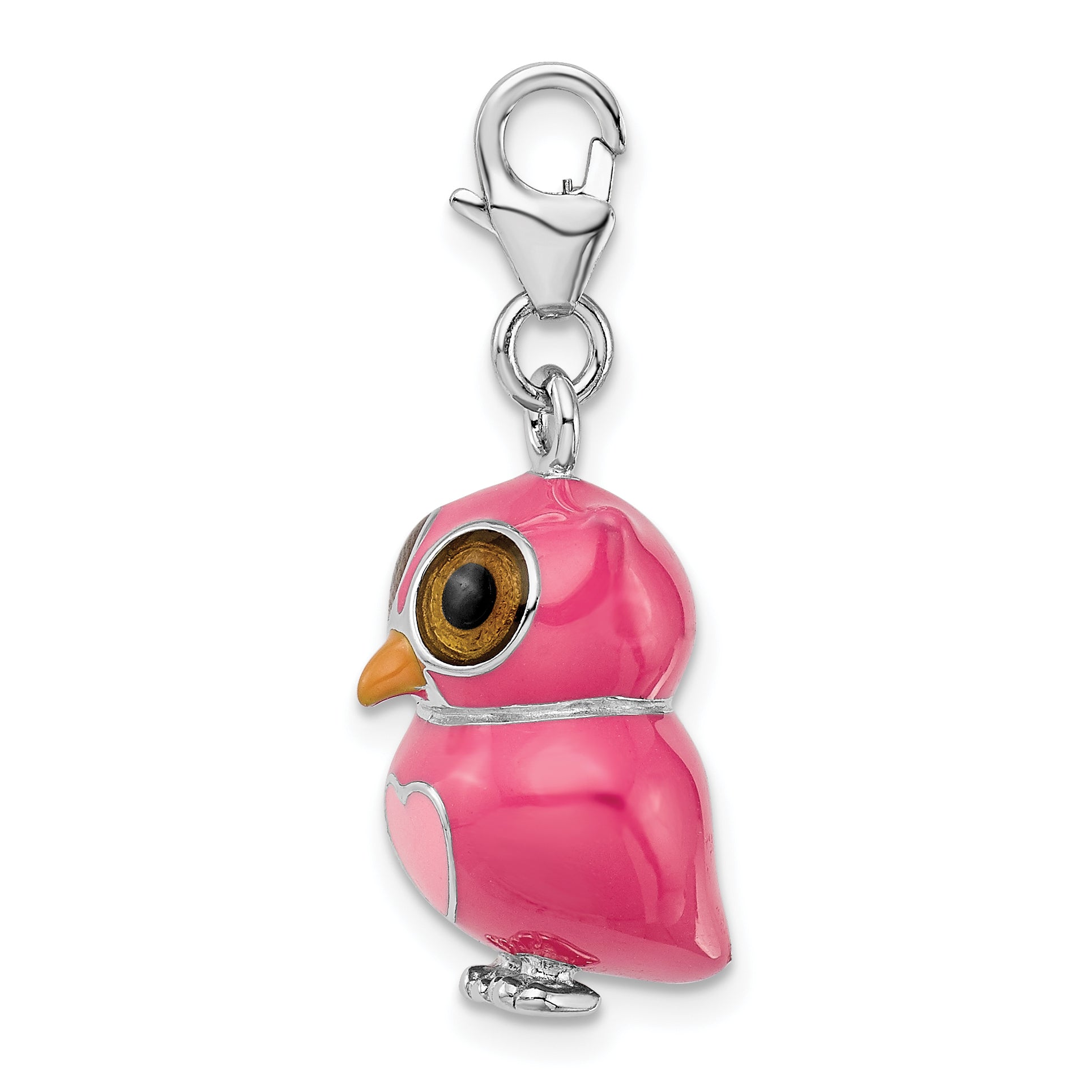 Amore La Vita Sterling Silver Rhodium-plated Polished 3-D Pink Enameled Heart Owl Charm with Fancy Lobster Clasp Secondary image