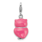 Amore La Vita Sterling Silver Rhodium-plated Polished 3-D Pink Enameled Heart Owl Charm with Fancy Lobster Clasp