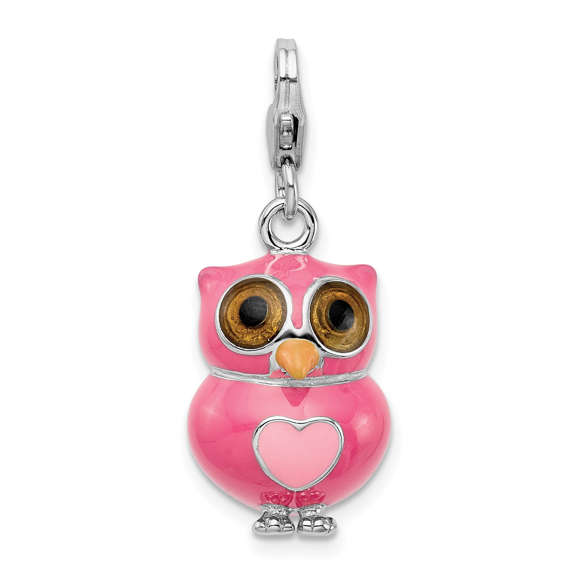 Amore La Vita Sterling Silver Rhodium-plated Polished 3-D Pink Enameled Heart Owl Charm with Fancy Lobster Clasp Main image